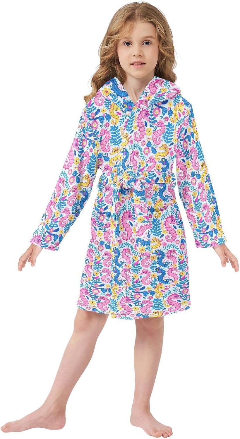 senya Pink Seahorse Toddler Hooded Bathrobe Kids Soft Plush Bath Towel Robes for Boys Girls 2-12 Years