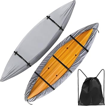 600D Kayak Cover,Heavy Duty Tear Resistant Canoe Cover, Waterproof & UV-Proof Trailerable Kayak Covers for Outdoor and Indoor StorageFits 12.3-13.5ft Gray