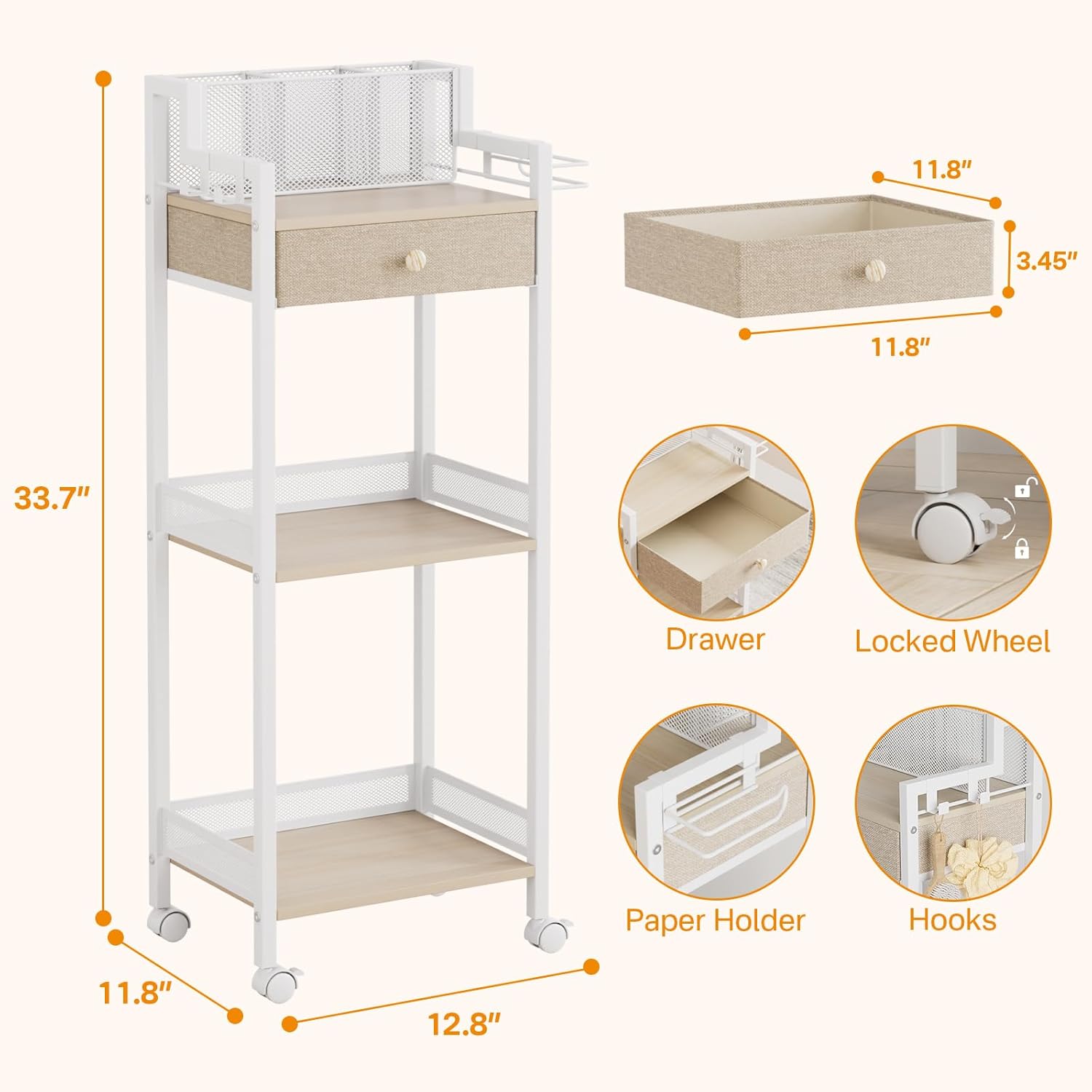 3 Tier Bathroom Shelf with Drawer, 12.8in Large Floor Makeup Organizers Cosmetics Display Cases Holder for Hair Tool, Skincare, Kitchen, Bathroom, Laundry Room Organization