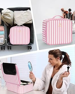 Relavel Travel Makeup Train Case Makeup Cosmetic Case Organizer Portable Artist Storage Bag with Adjustable Dividers for Cosmetics Makeup Brushes Toiletry Jewelry, Pink Stripe, S, Travel Makeup Bag