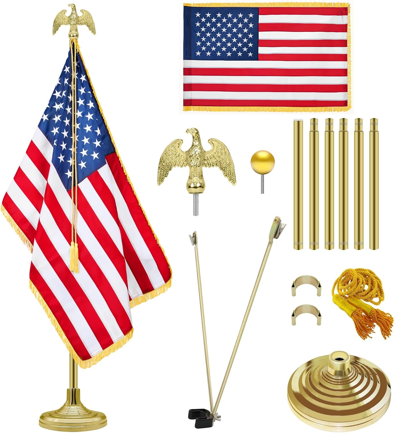 NQ 8FT Indoor Flag Pole and Stand Set, Stainless Steel Flagpole Kit with Embroidered US Flag, Aluminium Eagle Topper, Flag Spreader for Office, Meeting Room, Lobby, Auditorium, School (Silver)