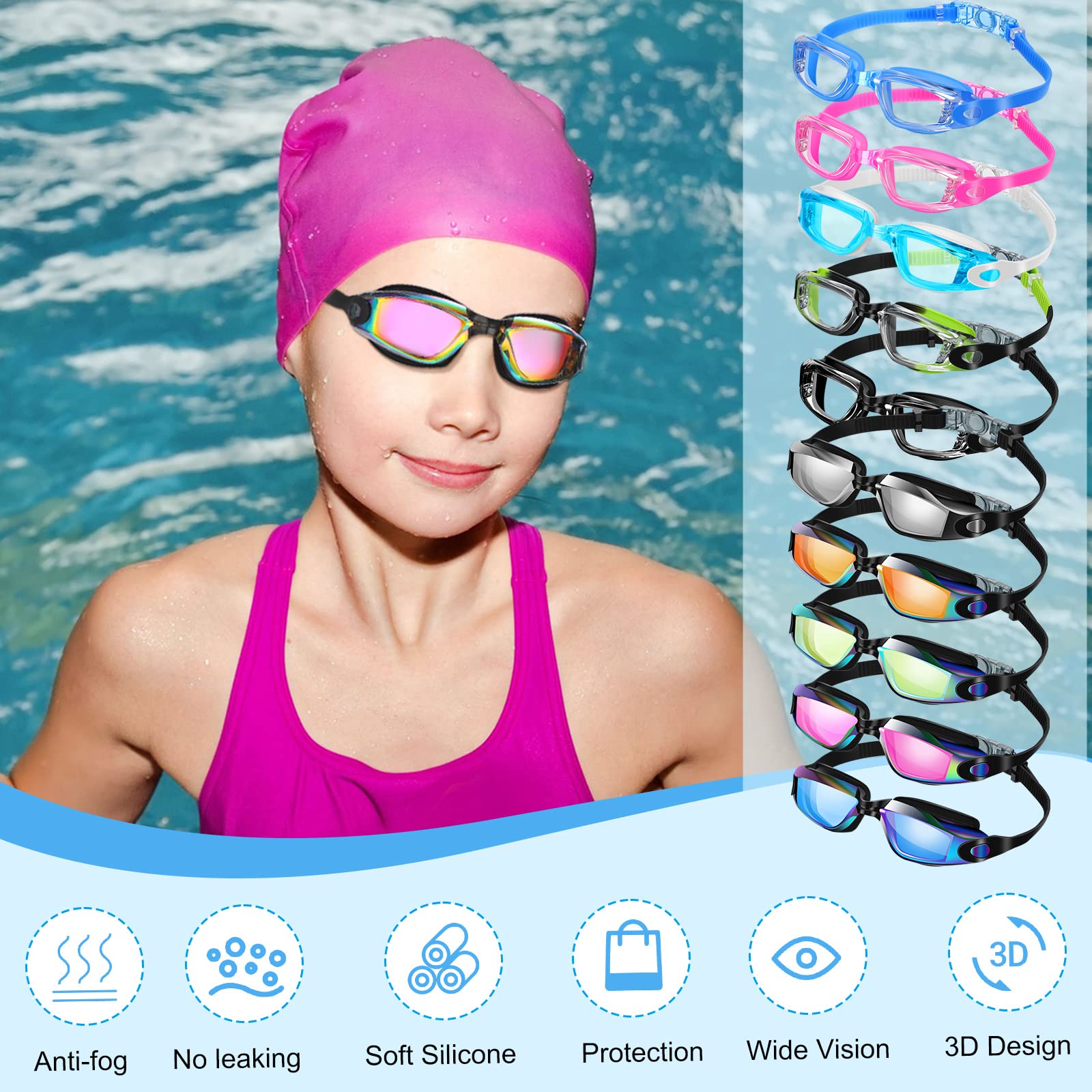 Treela 10 gafas de natación de silicona antivaho sin fugas para adultos (estilo vívido)