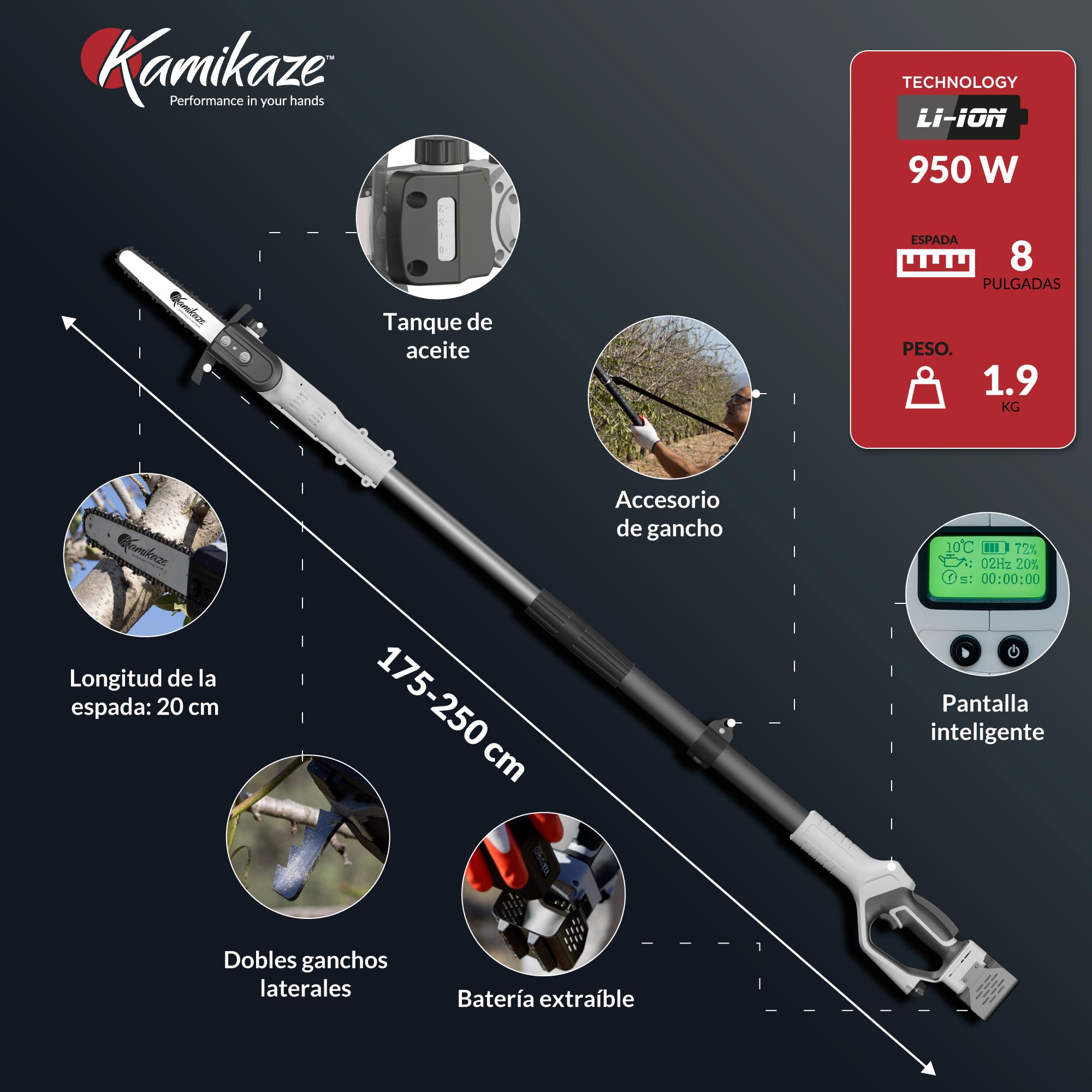 KAMIKAZE Sierra Extensible Eléctrica Inalámbrica Profesional - Corte Ø 160 mm, Motor Sin Escobillas, Potencia 950W, Telescópica hasta 2.5m, Pantalla, 2 Baterías de Litio, Arnés, 3 Años de Garantía,
