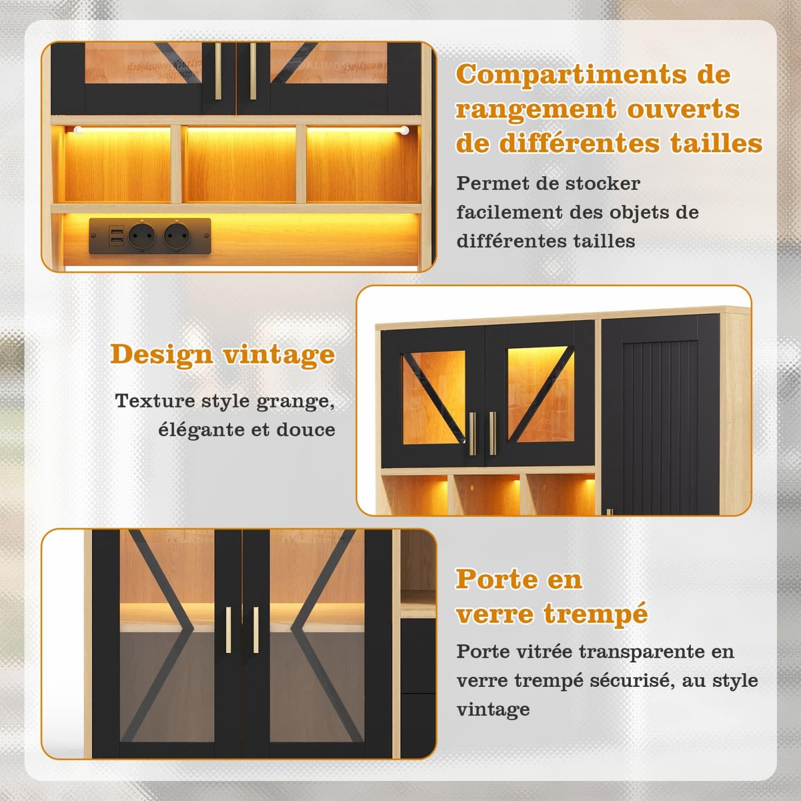 KOMHTOM Buffet de Cuisine Haut 105 cm Style Ferme, Vaisselier avec Prises, LED et Rangement pour Épices, 3 Tiroirs et Portes en Verre, Noir/Bois(2-Style Ferme & Épices (105cm) - Noir/Bois)