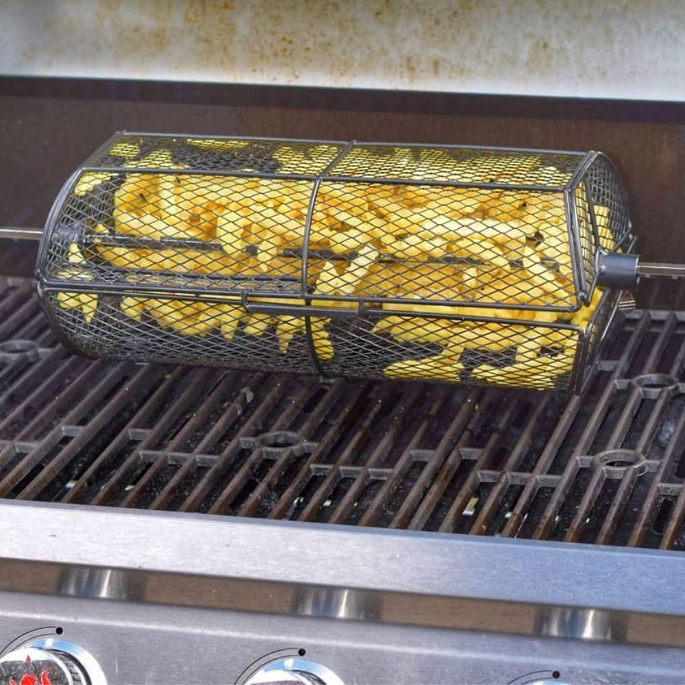 BBQ-Toro Koszyk do grilla ze stali nierdzewnej na obrotowy rożen | 42,5 x 21 x 16 cm | uniwersalny rondell do grilla gazowego i wielu innych | obrotowy kosz, okrągły kosz