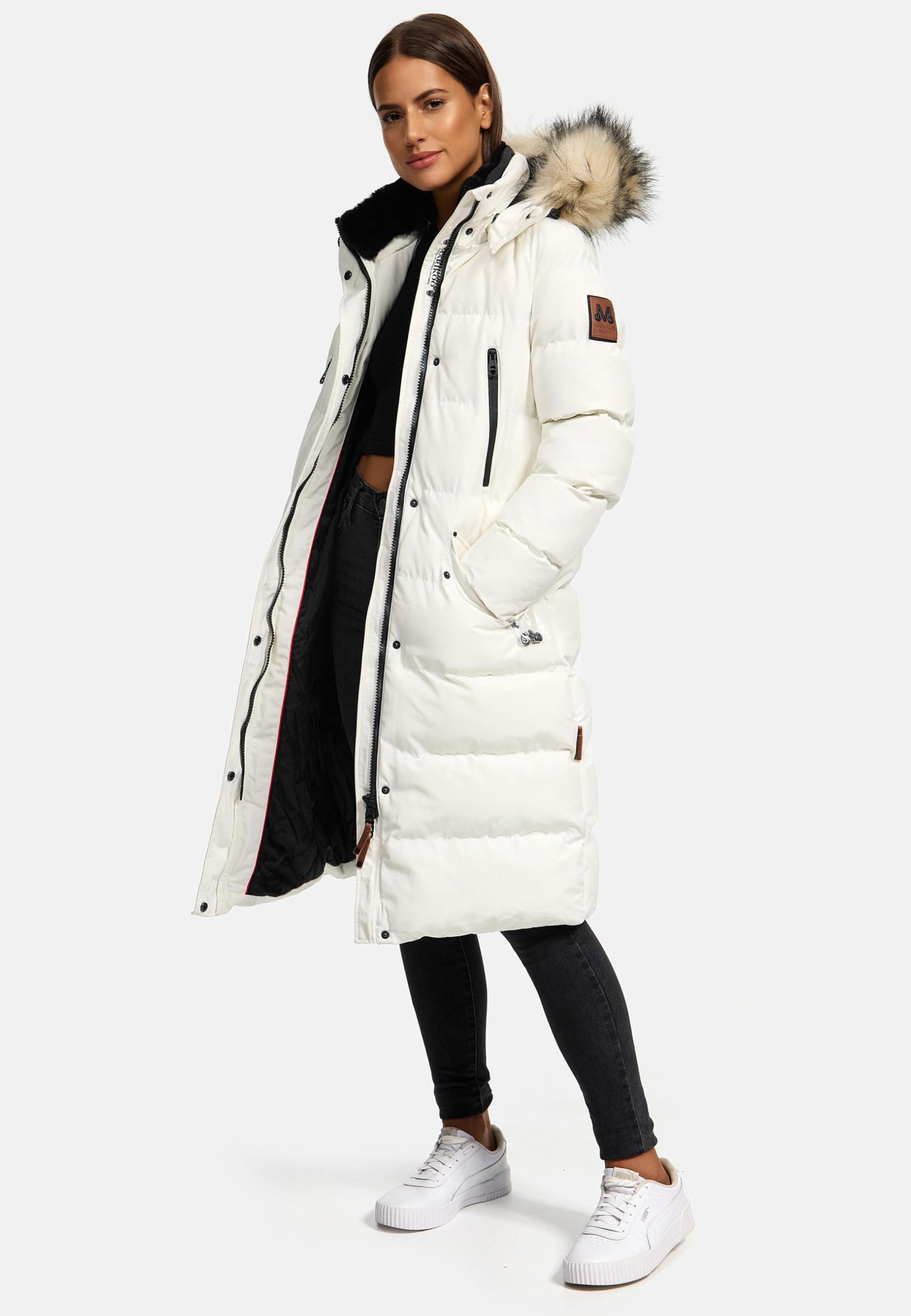 MARIKOO Damen Wintermantel warmer Steppmantel lang mit abnehmbarem Kunstfell und Kapuze Schneesternchen XS-XXL
