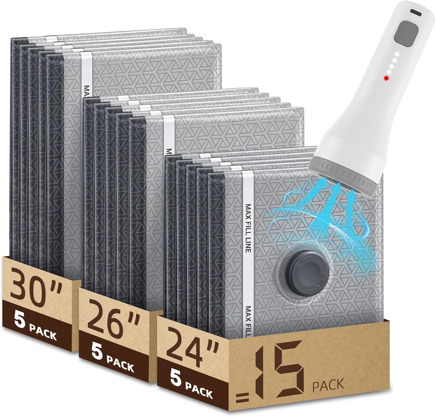 Upgrade 15 Pack Travel Vacuum Bags with 2000mAh Rechargeable Electric Pump, Reusable Vacuum Bags for Clothes Space-Saving Organizer for Luggage, Suitcase, Vacation