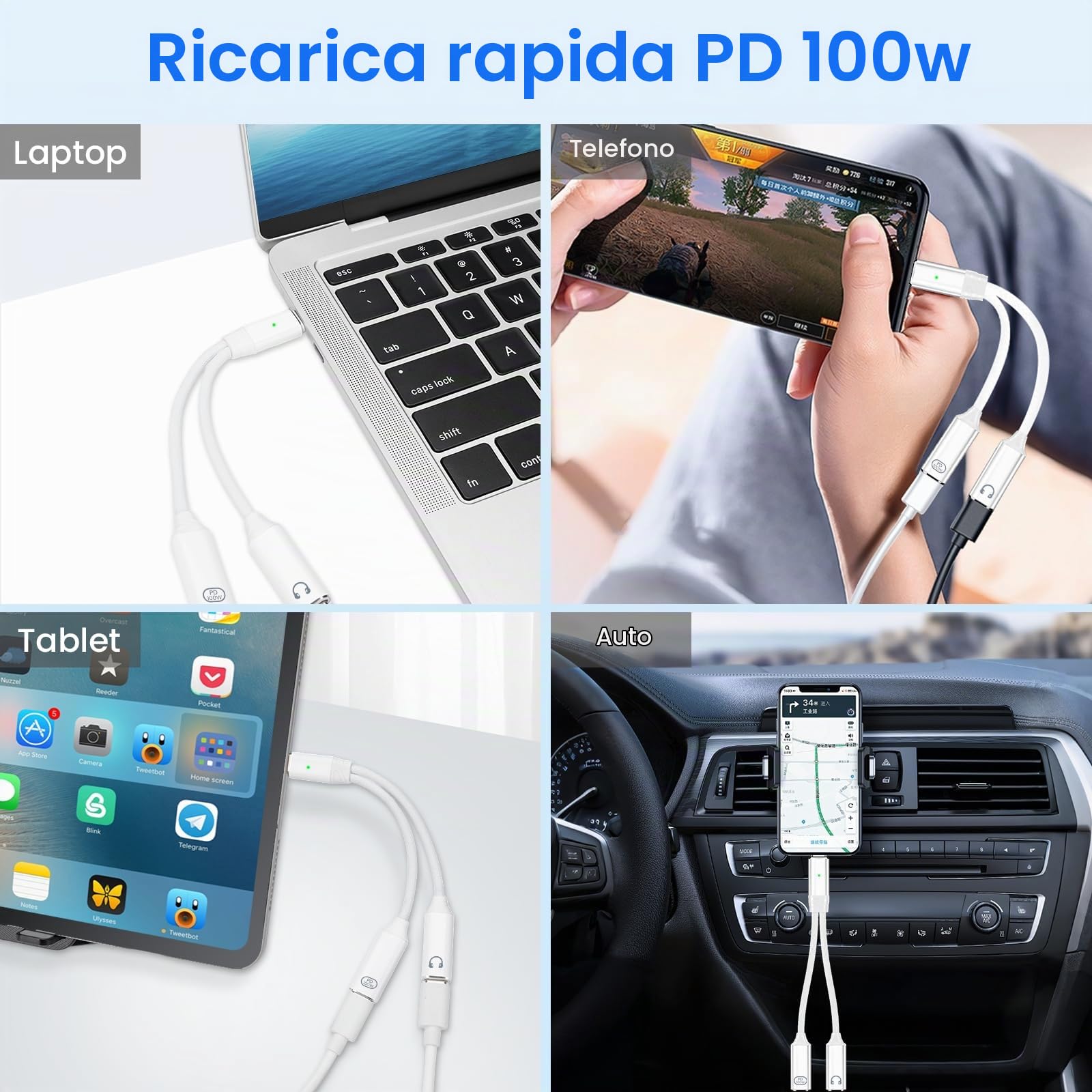HAUXGOGO Splitter USB-C Per Cuffie E Ricarica – Adattatore Doppia Presa Con PD 100W, Audio Hi-Fi E Trasferimento Dati 480Mbps - 3