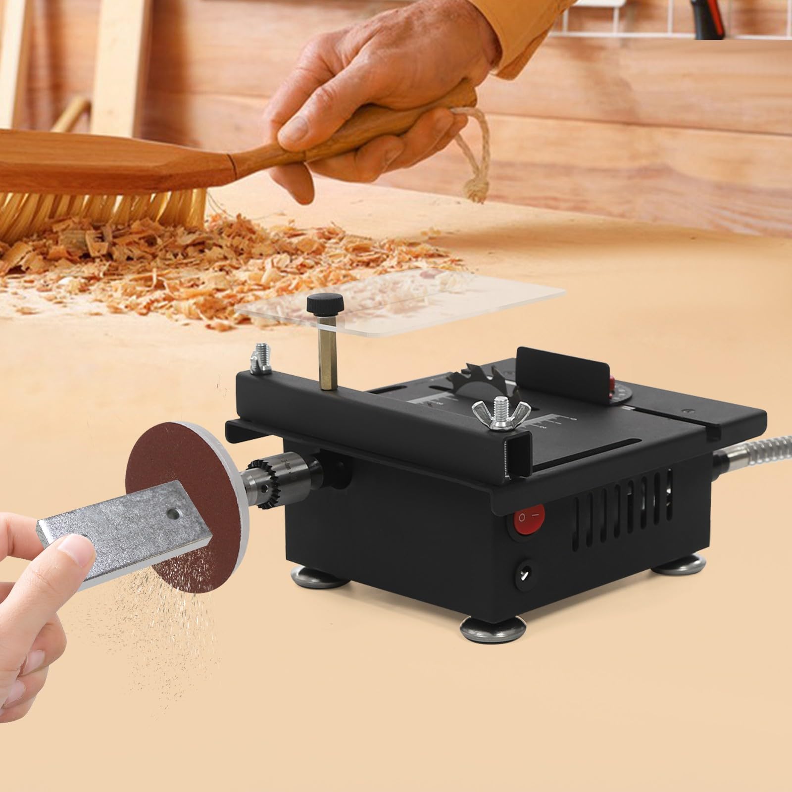 Mini piła stołowa pilarka tarczowa, 7 stopni prędkości, 100 W, 6000 obr./min, kompaktowa 18 cm, do drewna, tworzywa sztucznego, metalu, modelarstwa, projektów DIY, z narzędziem do szlifowania, uchwyt