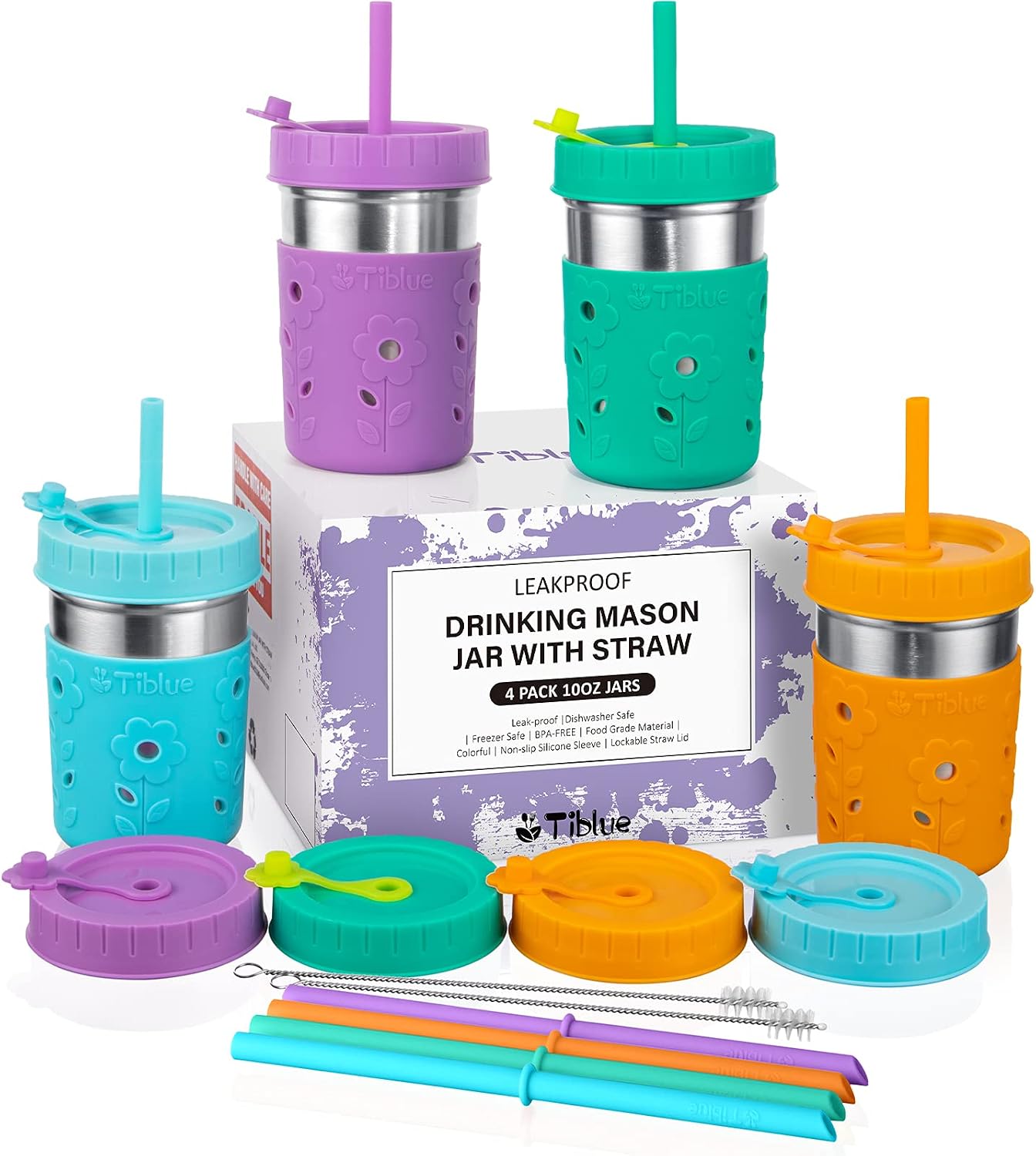 Kids & Toddler Cups with Straw - 4 Pack Spill Proof 10 OZ Mason Jar/Stainless Steel Tumbler with Sleeve +8 Leak Proof Lid +8 Silicone Straw with Stopper, BPA FREE Baby Christmas Gift Smoothie Drinking