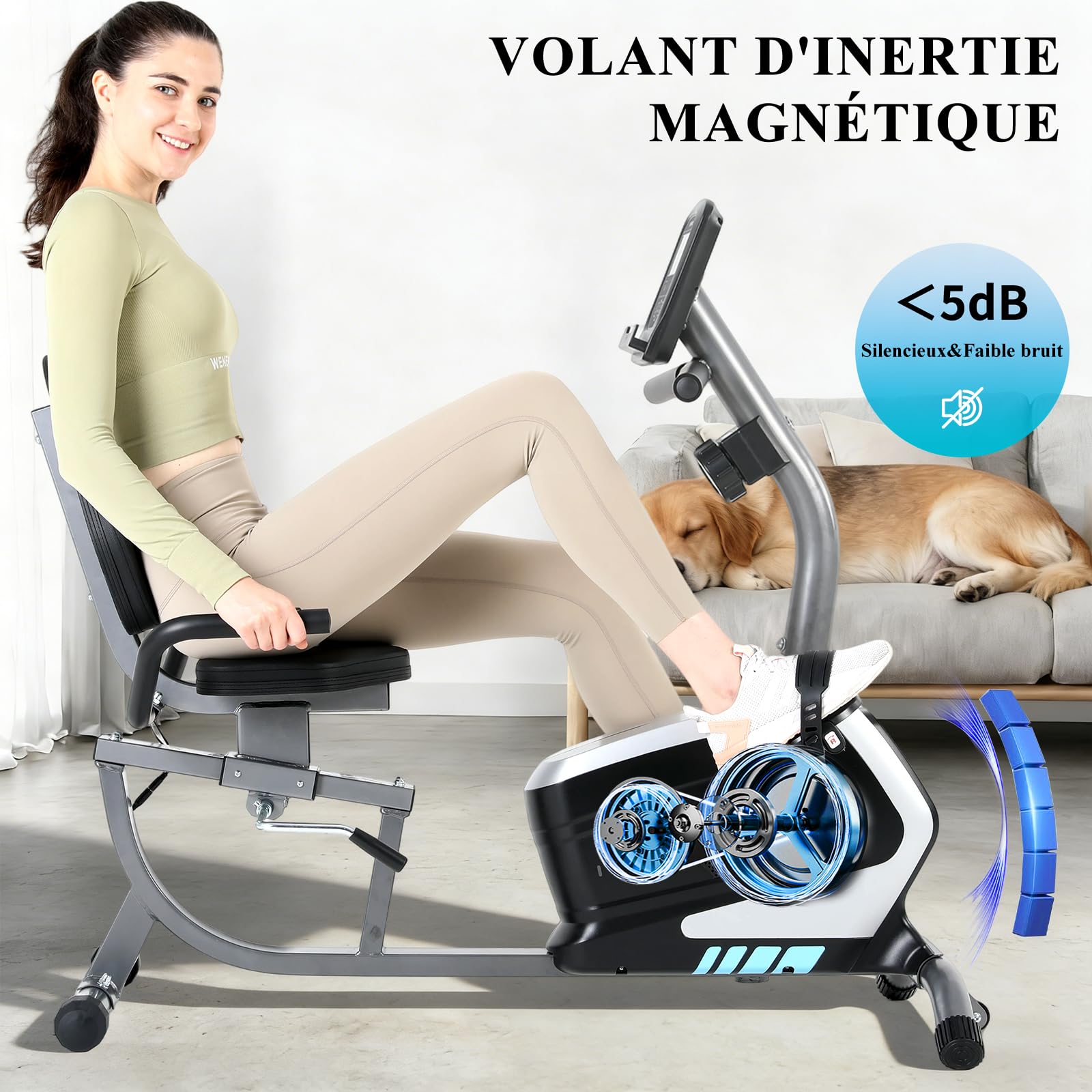 ISE Vélo d'Appartement Semi-Allongé Magnétique, Vélo Couché 8 Niveaux Résistance, Velo Semi Allongé Roue Transport, Impulsion&Ecran LCD, Velo d appartement Semi Allongé Siège Réglable Ergonomique