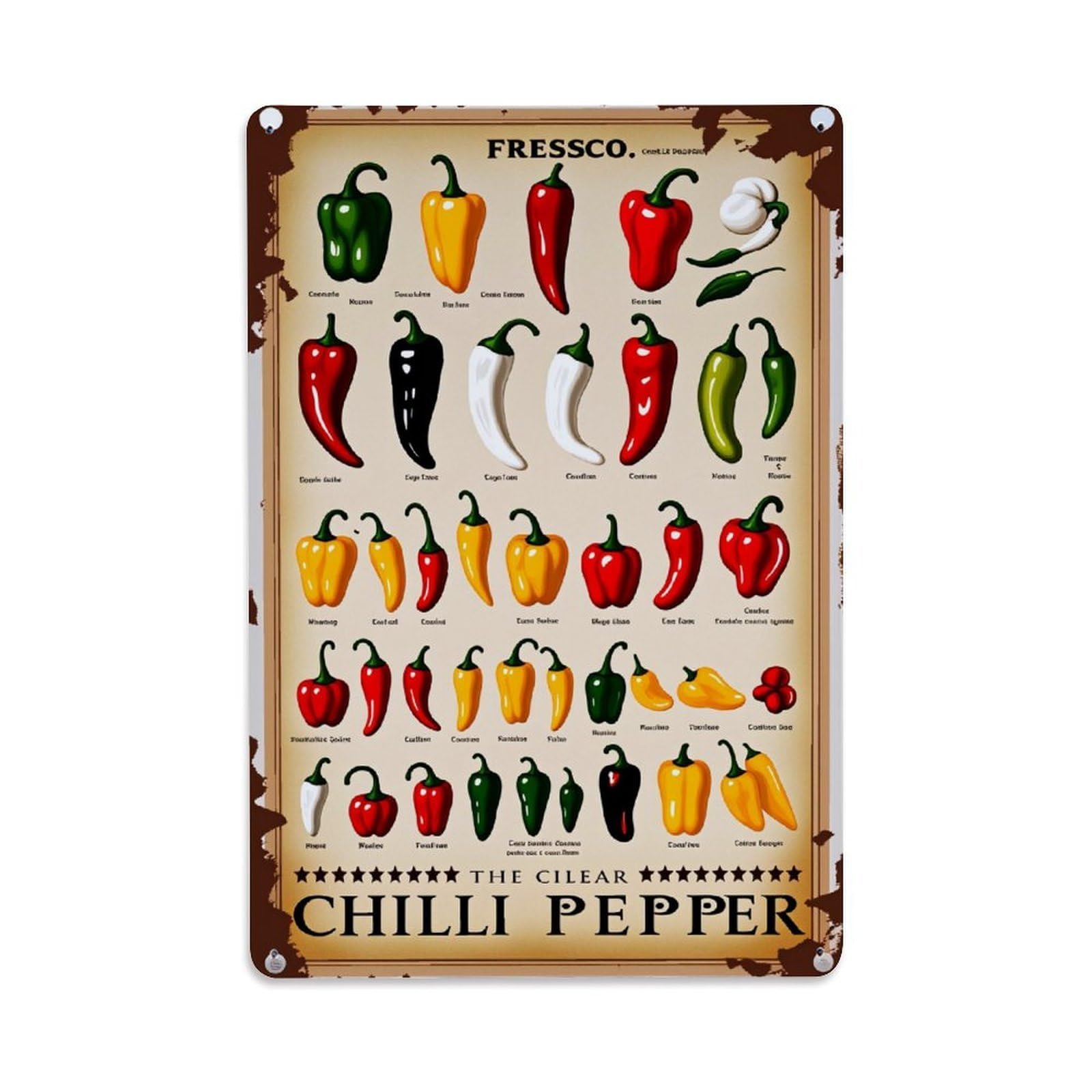 Chili Pepper Variety Chart Tin Sign Vintage Metal Poster Retro Bar, Home, Man Cave, Kitchen, Laundry Room Wall Art Decor Gift 8x12 Inch