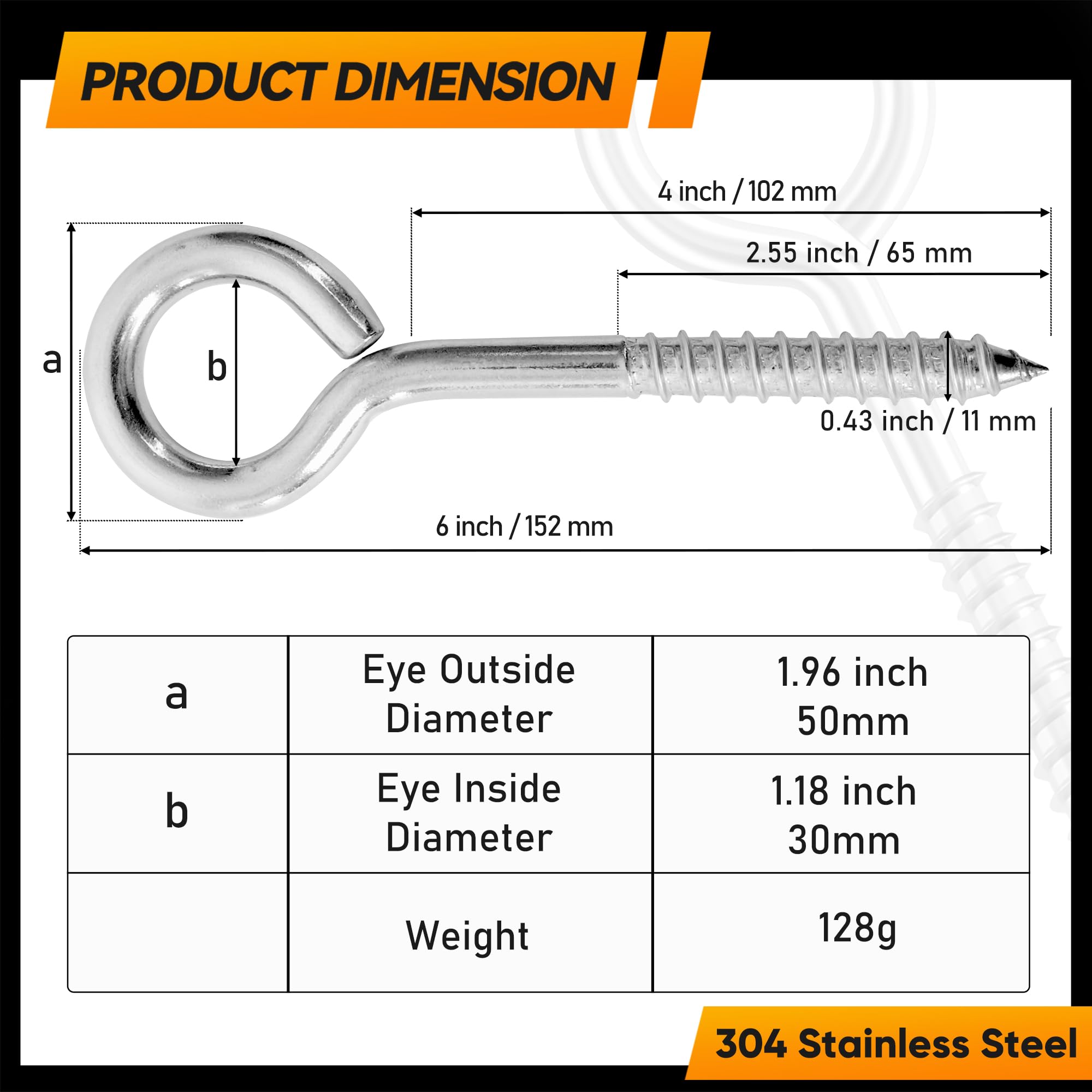 Heavy Duty Stainless Steel Screw Eyes - 800LBS Strength -5