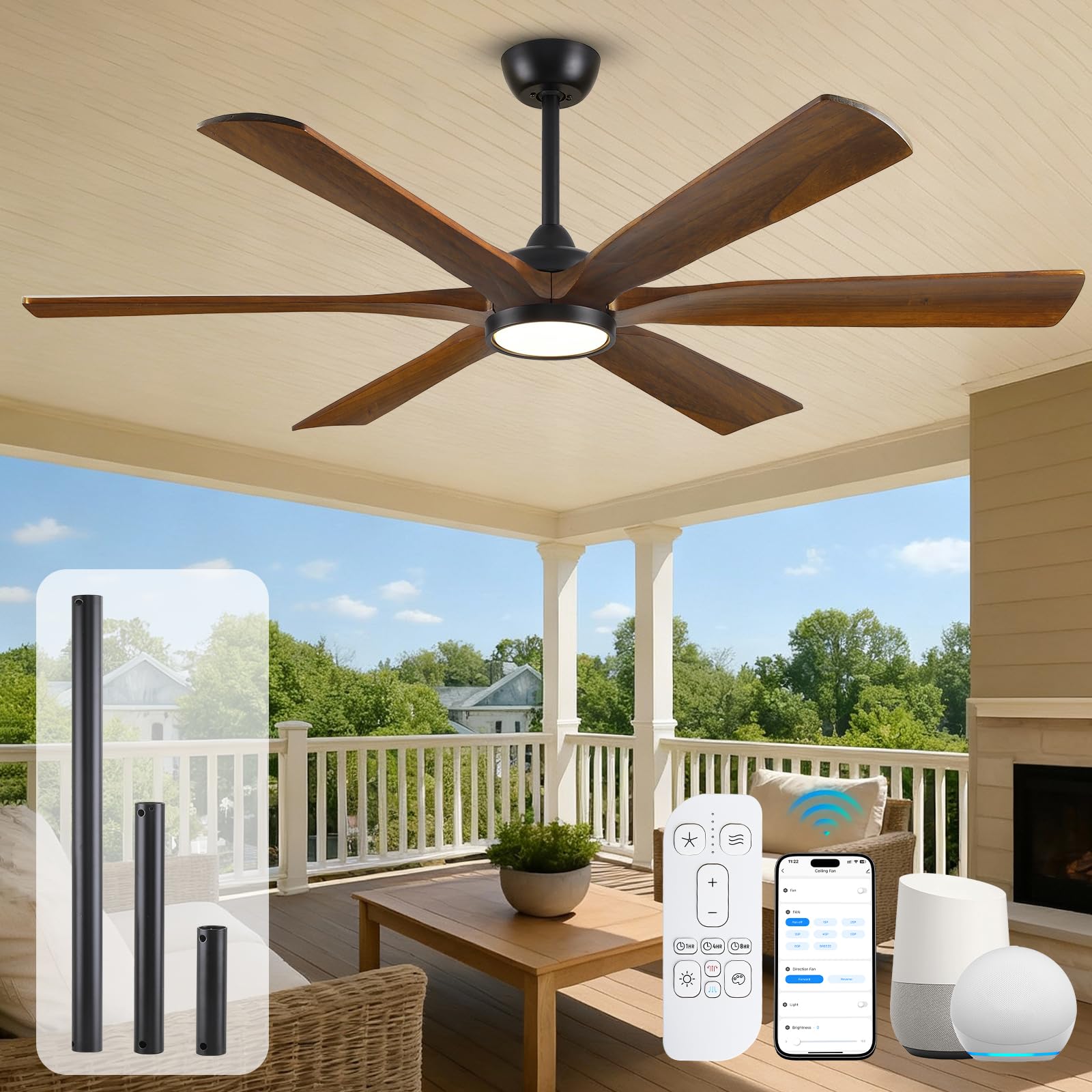 72 Smart Outdoor Ceiling Fan with Light via Wifi Alexa Modern Farmhouse Wood Ceiling Fan Propeller Damp Rated