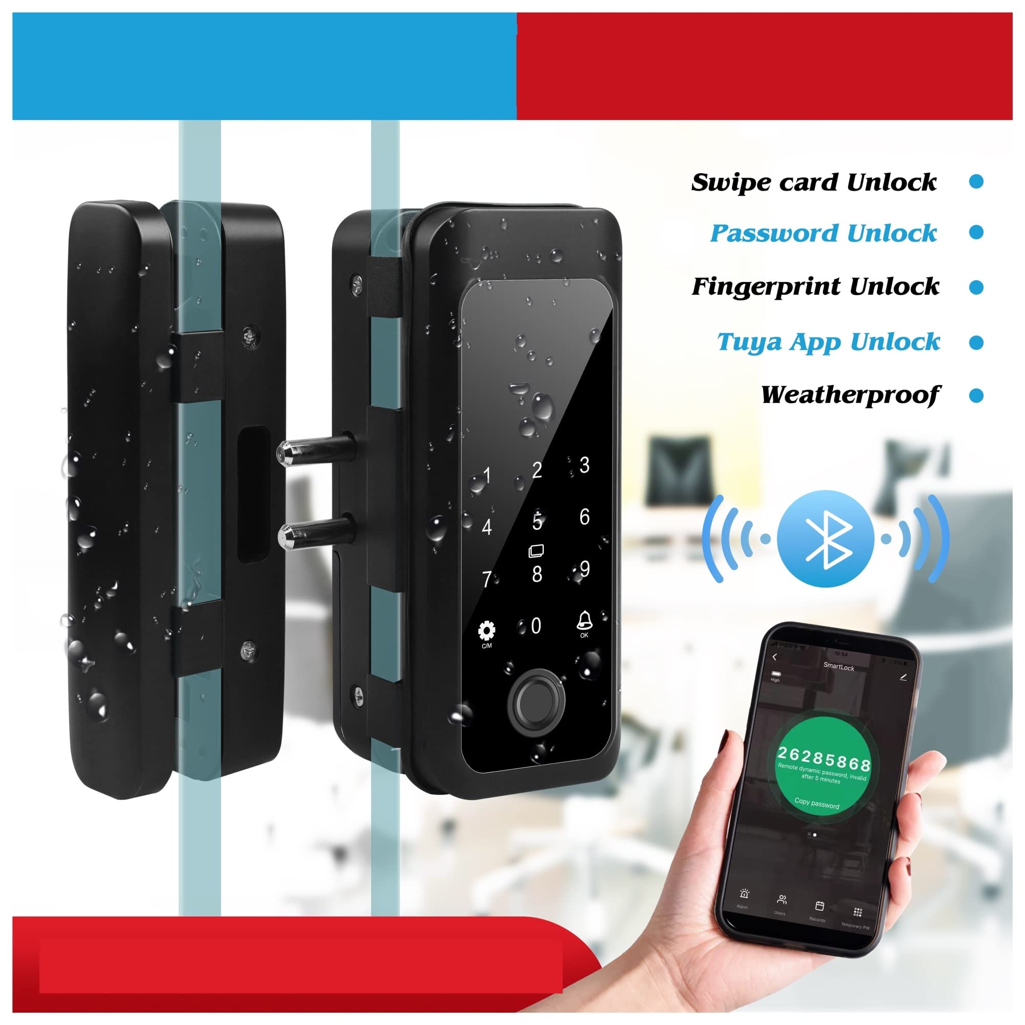 Smart Lock, Wodoodporna zewnętrzna blokada linii papilarnych odpowiednia do drzwi o grubości 10-12 mm Inteligentna aplikacja domowa Tuya Control,do sypialni, biur i hoteli(Wooden Door2)