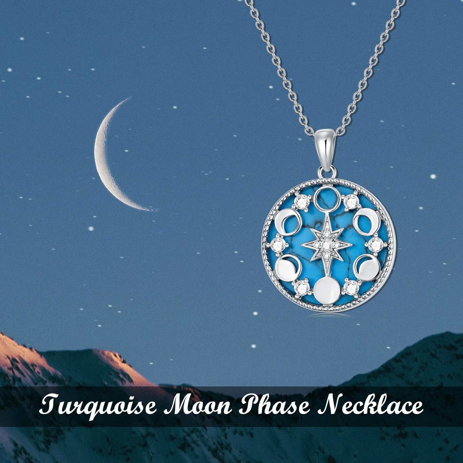 Turquoise Moon Phases Necklace for Girls Women, 925 Sterling Silver CZ Moon Phases Pendant Jewelry Gifts Valentine's Day Birthday Mother’s day - Image 5