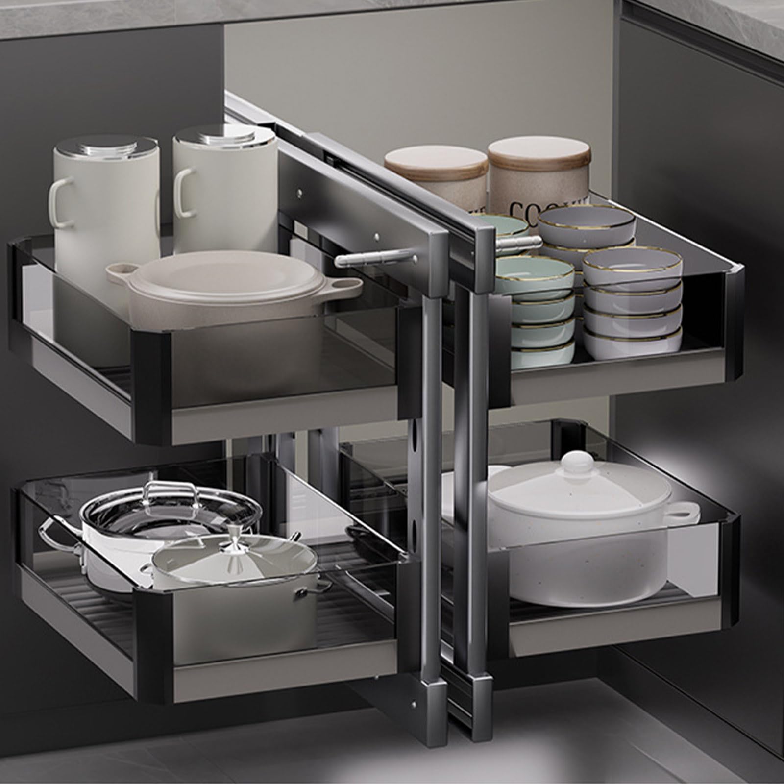 Armadio angolare da cucina con 4 cestelli estraibili, organizer estensibile per dispensa