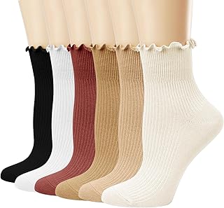 Women's Ruffle Socks Casual Cute Ankle Socks Cotton Knit Comfortable Frilly Crew Socks for Women 6 Pack, 6colors(apricot+orange+olive+brown+white+black), 5-9