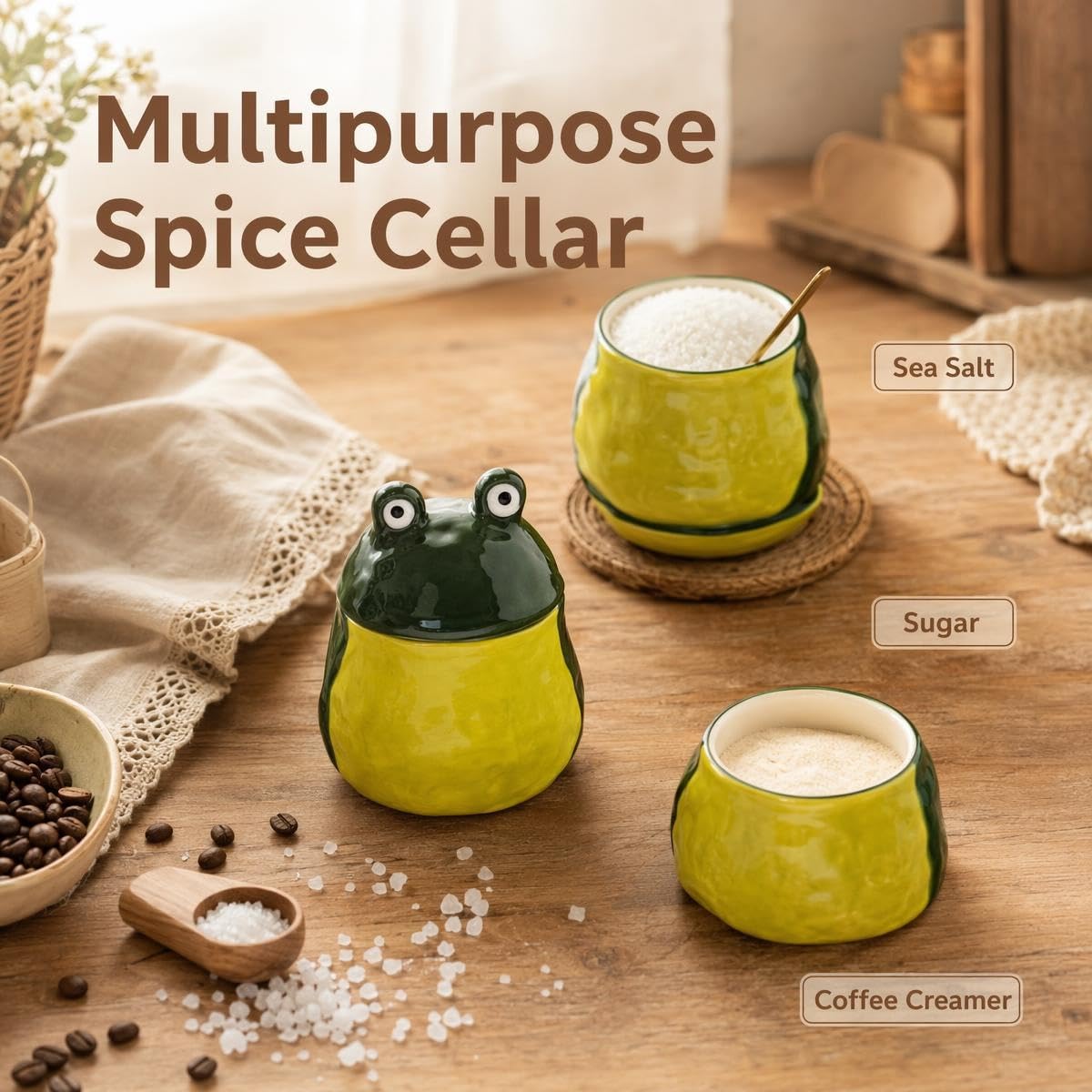 Ceramic Frog Sugar Bowl & Salt Cellar - Cute Kitchen Storage -5