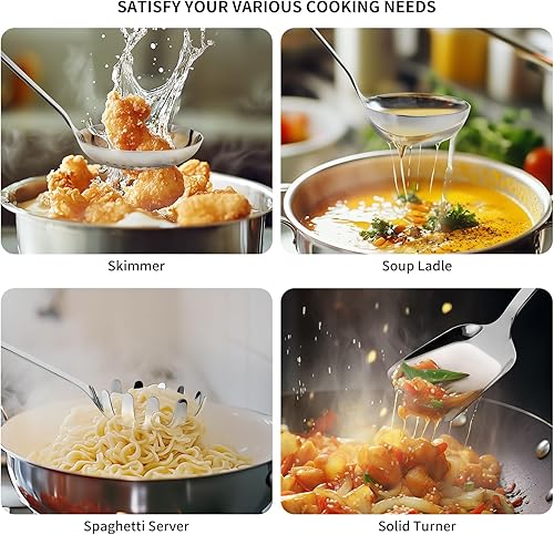 Miniatura 5 de Juego de utensilios de cocina de acero inoxidable 304, juego de 8 utensilios de cocina, incluye espumadera, cucharón de sopa, servidor de