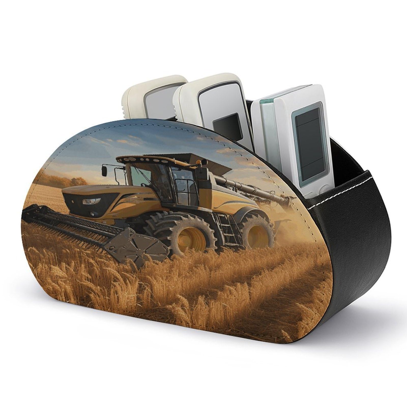 FekiLoot Farm Tractor Harvest Remote Control Holder with 5 Compartments - PU Leather Remote Caddy Desktop Organizer, Personalized TV Media Remote Storage Box for Home Coffee Desk Accessories