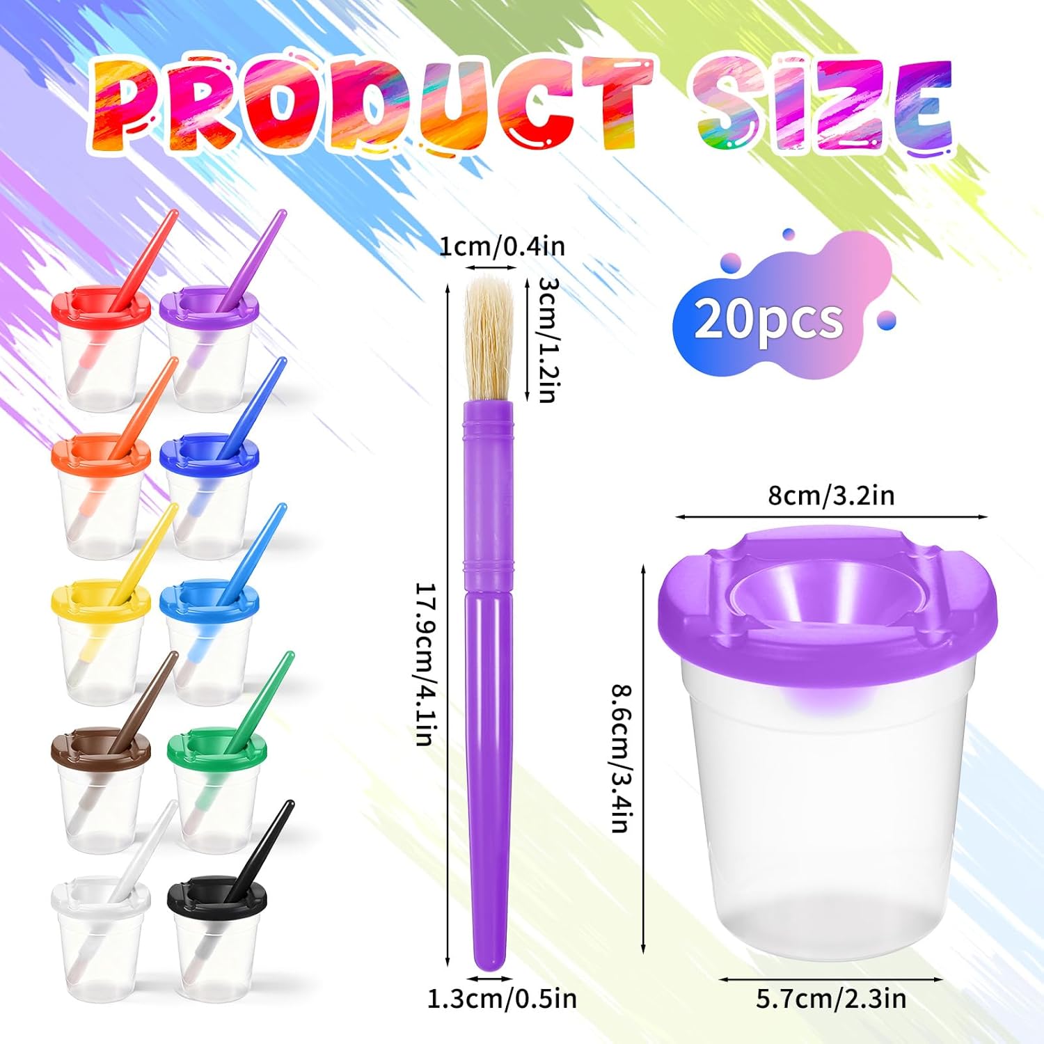 Yuanan 20 PCS Paint Cups with Lids for Kids, No Spill Paint Cups with Colored Lids and Brushes Resuable Spill Proof Paints Cup Water Cup for Painting Bulk for Painting, Arts and Crafts Supplies - Image 2