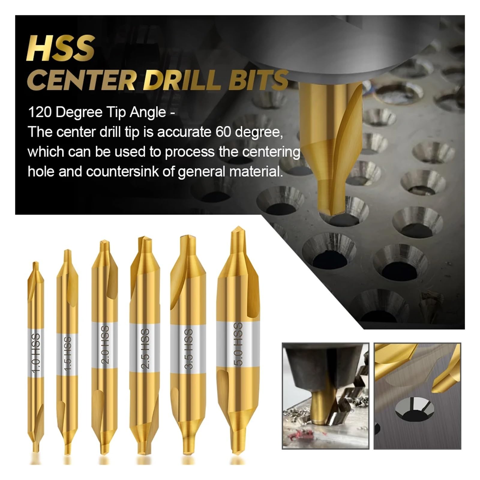 Centro Brocas HSS Broca central HSS, 1,0-6,0mm, avellanadores de 60 grados, taladro de centrado de Metal en ángulo for torno metalúrgico(6pcs 1.0-5.0mm)