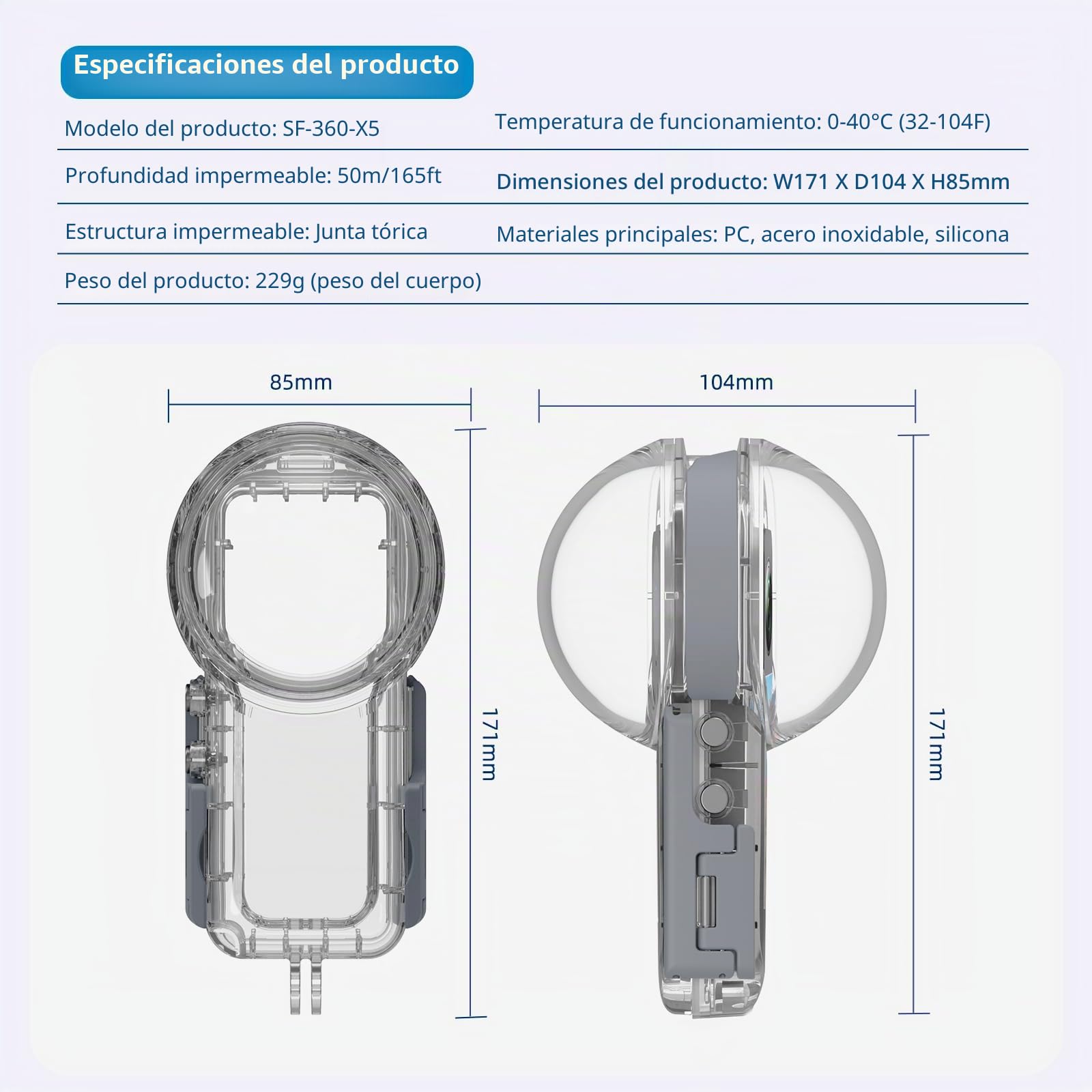 Funda Impermeable para Insta 360 X5, 50 m/164 pies, Carcasa de Buceo Invisible subacuática, Costuras de 360°, Carcasa Protectora para esnórquel, Buceo, Surf, Deportes acuáticos