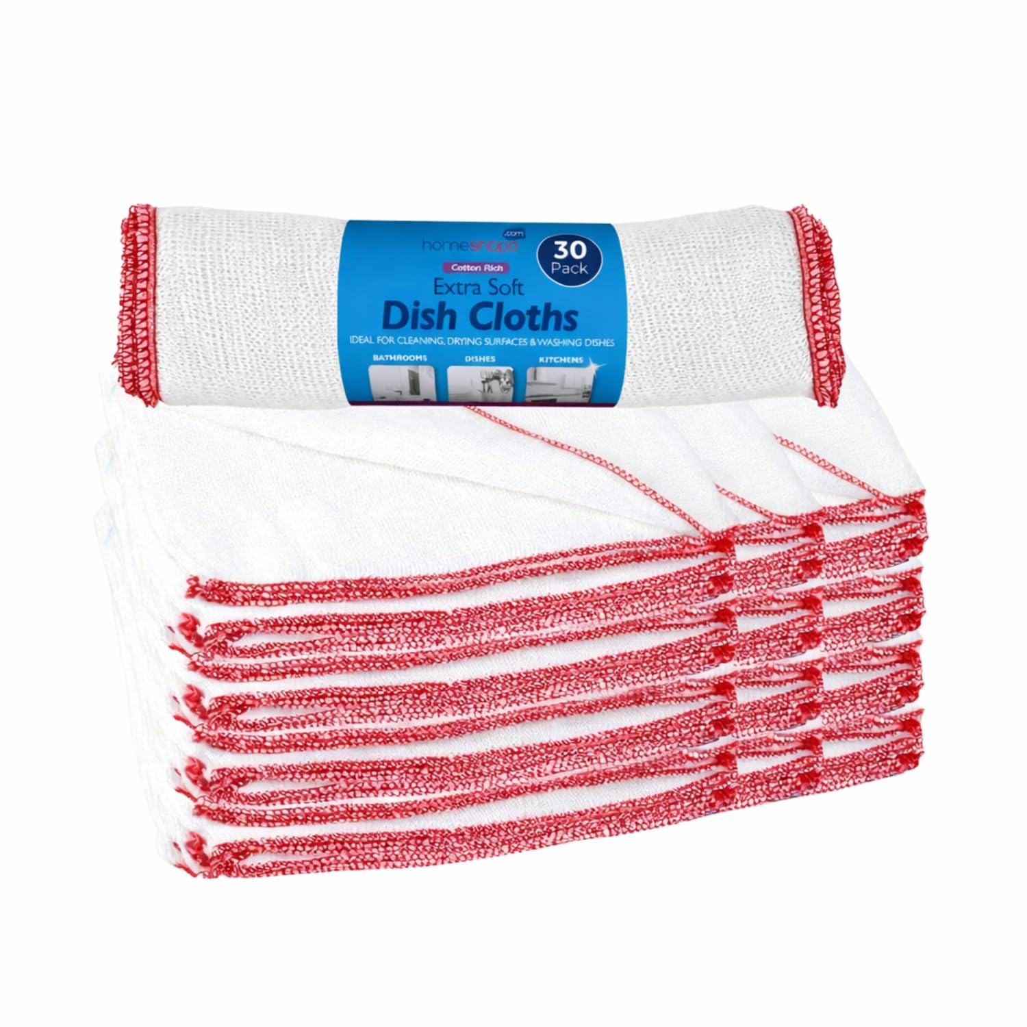 HOMESHOPA Cotton Dish Cloths, 30 Pack White Soft Super Absorbent Home Kitchen Cleaning Scrubbing Washing Up Dishcloths, Washable & Reusable Tea Towels for Cleaning, Drying Surfaces, Washing Dishes