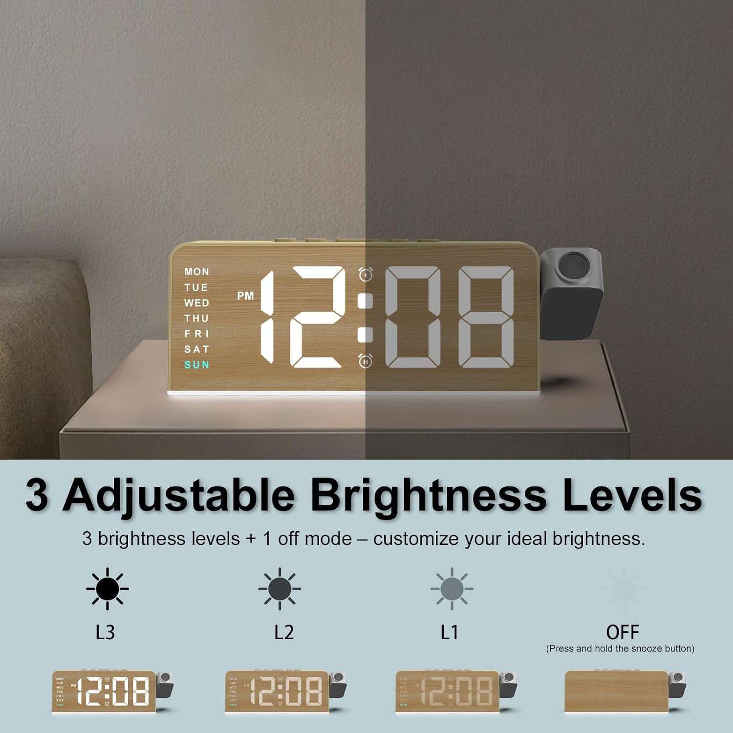 Projection Alarm Clock for Bedroom, Digital Night Light Clock with 180° Projector on Ceiling, 3 Level Brightness, USB Charger, Temperature, Dual Alarms for Kids, Heavy Sleepers, Snooze, 12/24H (Wood)