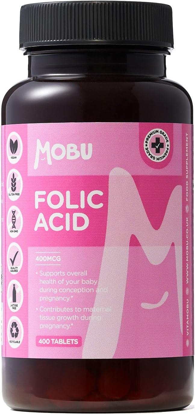 Folic Acid Tablets 400mcg - 400 Tablets - Vegan Vitamin B9 Pregnancy Care - 13 Month Supply - MOBU UK Made