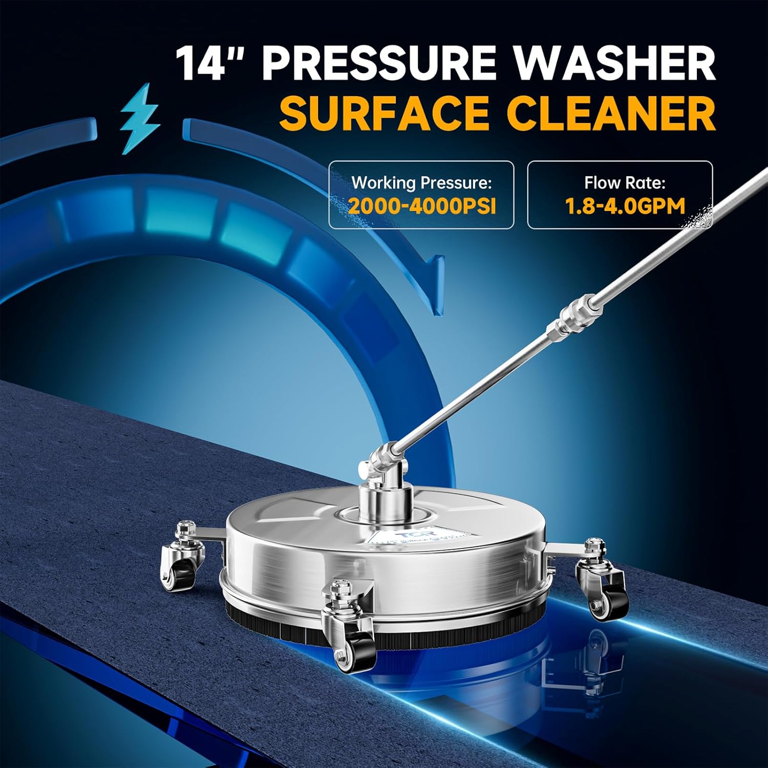 TOR 14" Stainless Steel Pressure Washer Surface Cleaner with 4 Caster Wheels, 4000 PSI, 2 Extension Wands & Nozzles, Power Washer Surface Cleaner for Concrete, Driveway, Patio, 1/4" Quick Connect