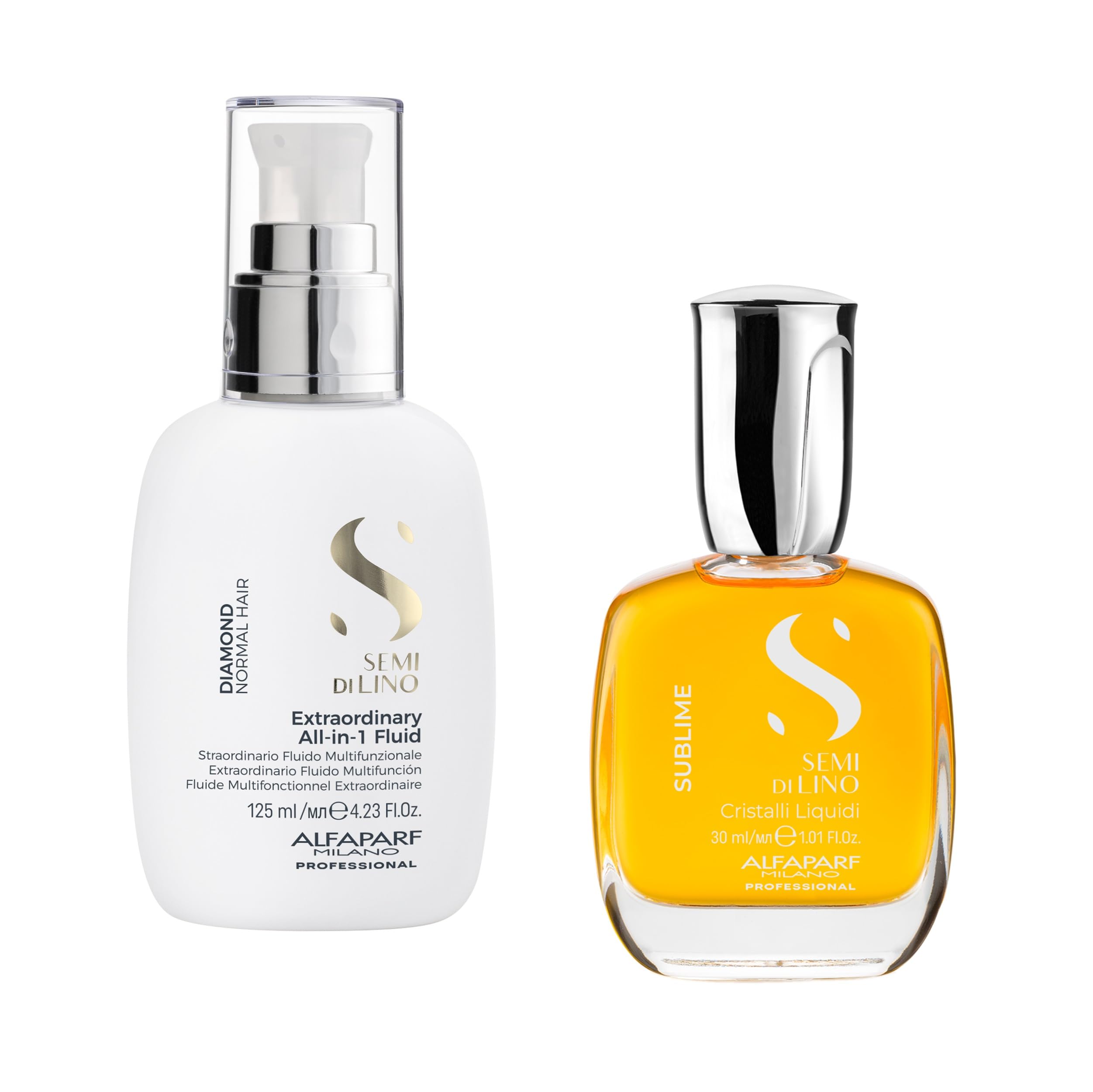 Semi di Lino Cristalli Liquidi Hair Oil Serum and Diamond All-In-One Leave-In Fluid Set for All Hair Types - Heat Protector - Smooths, Adds Shine - Instant Hair Makeover- Vegan Formula