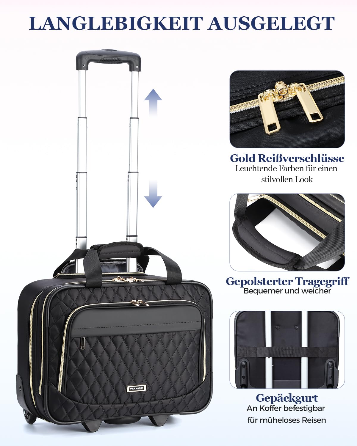 Ponhog Bussiness Laptop Trolley mit Rollen für Damen,Trolley Laptoptasche 15,6 Zoll wasserdichte Aktentasche für Reisen, Arbeit, Schule, Schwarz