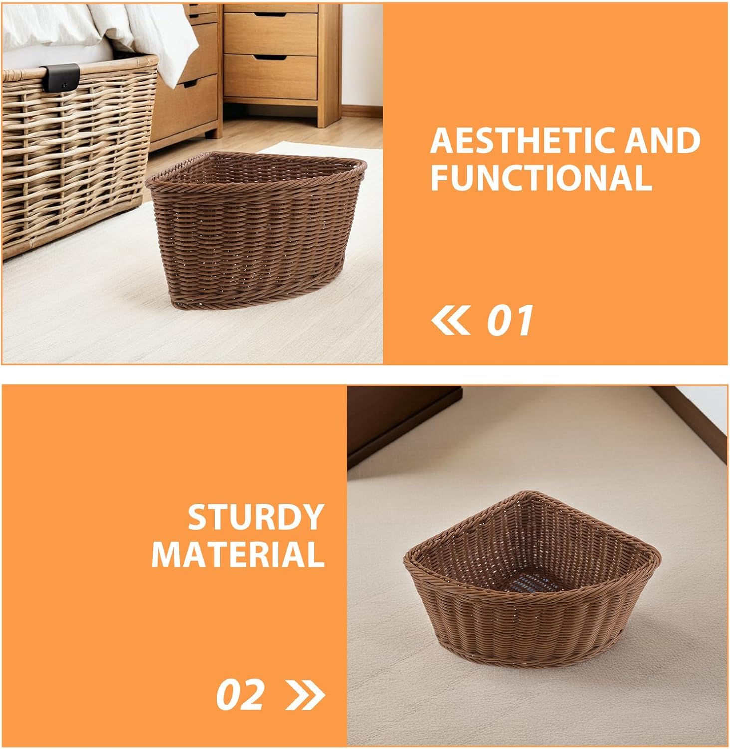 Healifty 2pcs Corner Storage Baskets Woven Box Sundries Organizer for Office Pantry Desktop Bedroom Home Light Brown