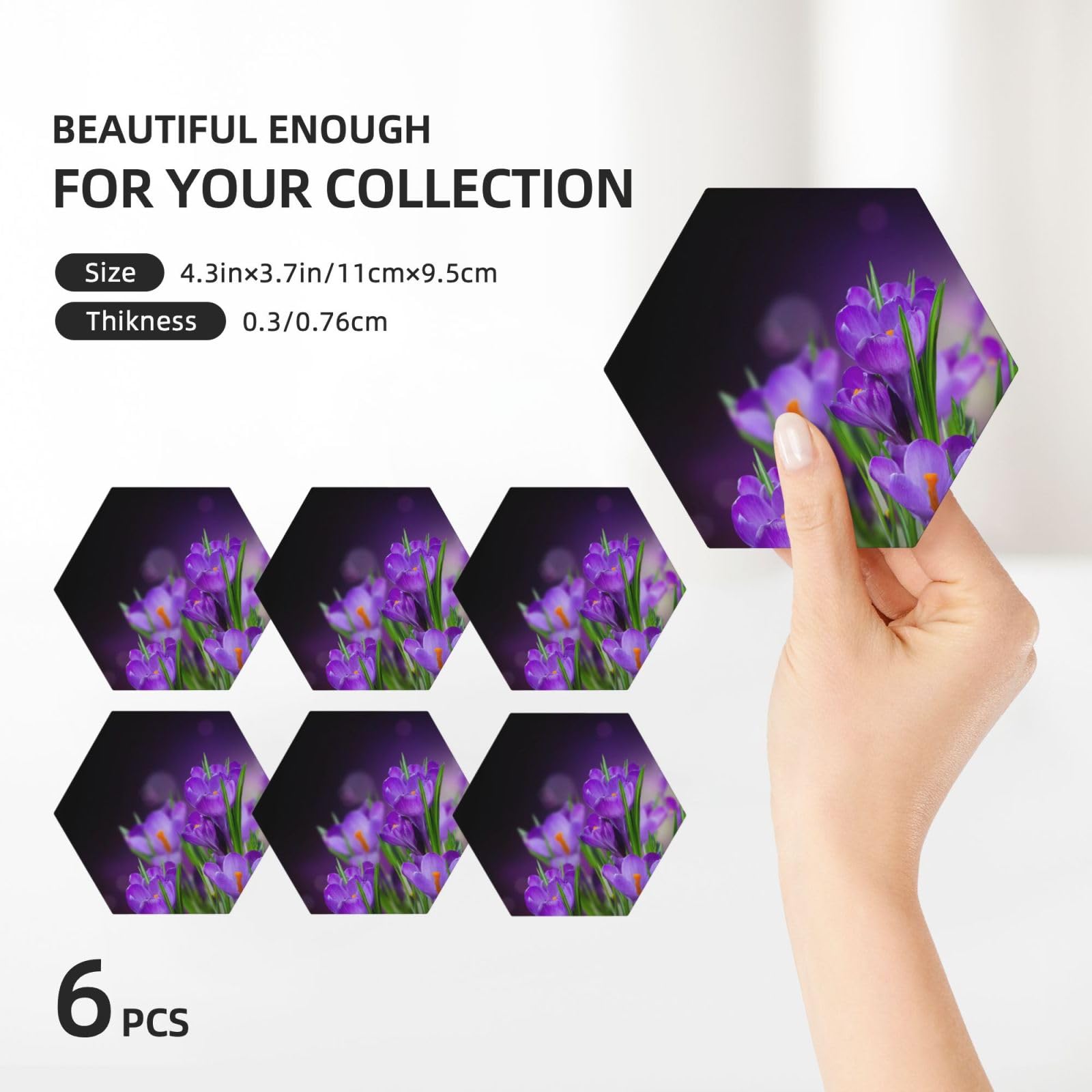 Set di 6 sottobicchieri decorativi in ceramica con foglie verdi e fiori viola stampati