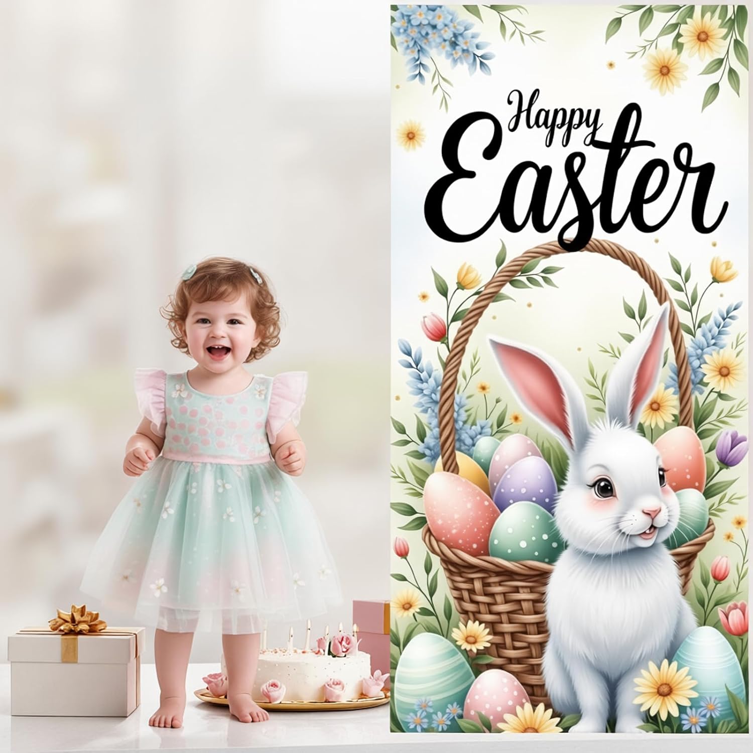 Happy Easter Day Door Cover Decoration Easter Day Door Banner Large Bunny Gnomes Floral Spring Porch Front Sign for Welcome Spring Outdoor Indoor Home Church Party Decorations Supplies (Bunny)