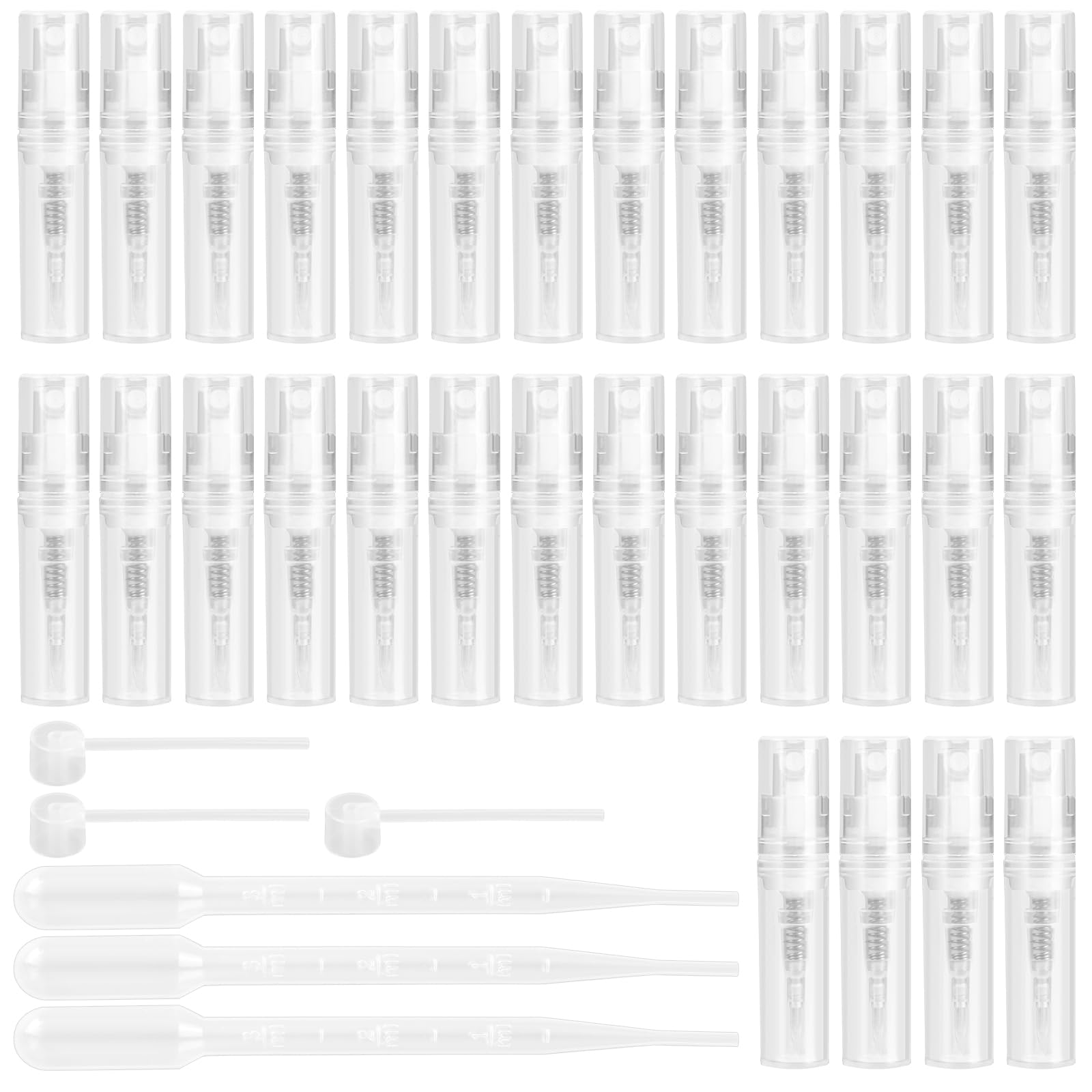 60 sztuk mini rozpylaczy do perfum, 2 ml, do ponownego napełnienia, pusty rozpylacz perfum w podróży, przezroczysty, mini butelka z rozpylaczem z pipetami i głowicą dociskową do perfum,