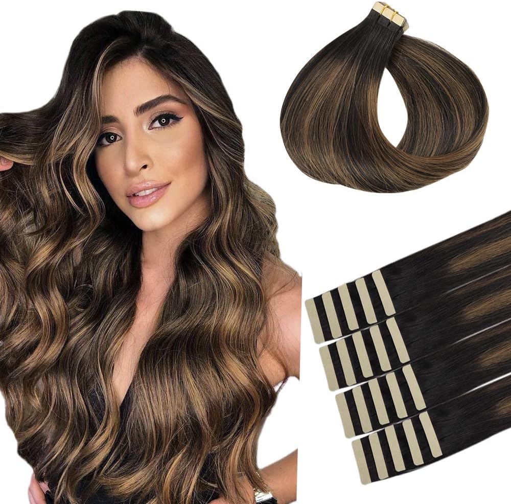 hotbanana Tape in Hair Extensions, 16 Inch Tape in Hair Extensions Human Hair 20pcs 50g Natural Black to Chestnut Brown Balayage Tape Hair Extensions Straight Remy Human Hair Tape in Extensions
