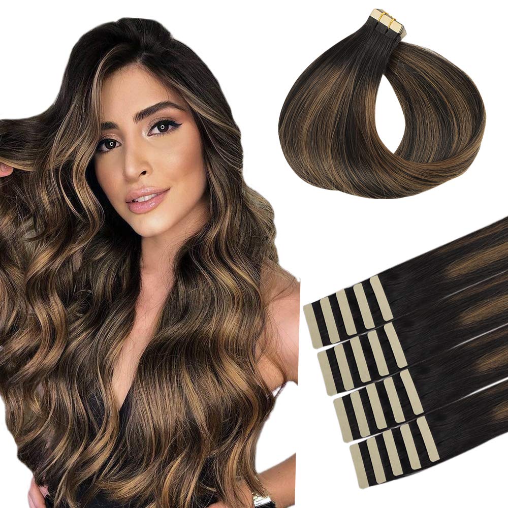 hotbanana Tape in Hair Extensions, 16 Inch Tape in Hair Extensions Human Hair 20pcs 50g Natural Black to Chestnut Brown Balayage Tape Hair Extensions Straight Remy Human Hair Tape in Extensions