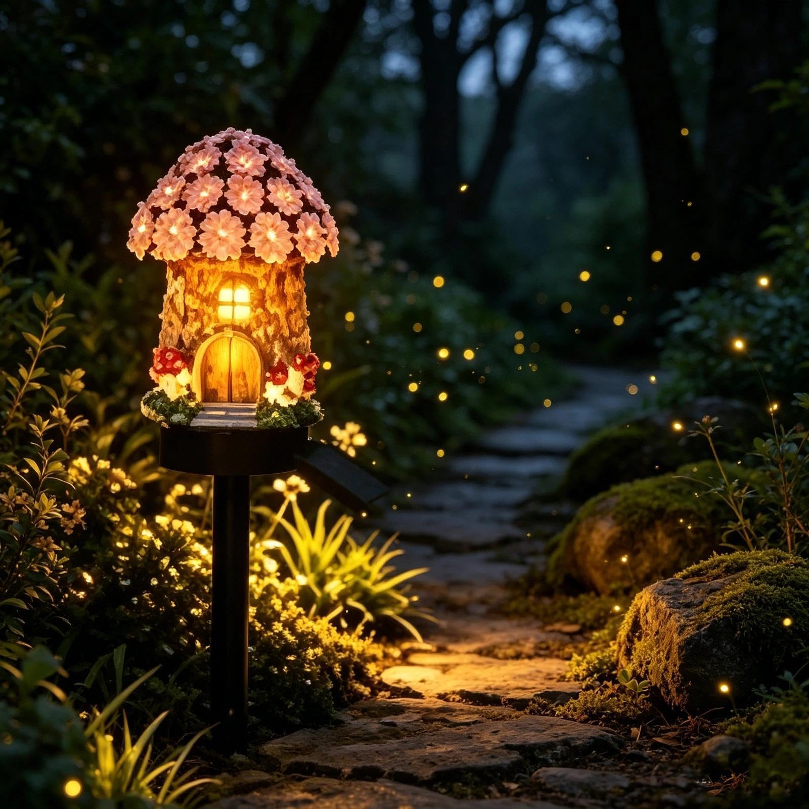 Introti Solar Mushroom Cottage Garden Light, Waterproof LED Fairy House Outdoor Lamp, Auto On/Off Resin Pathway Light for Patio Lawn Flower Bed Yard Decor