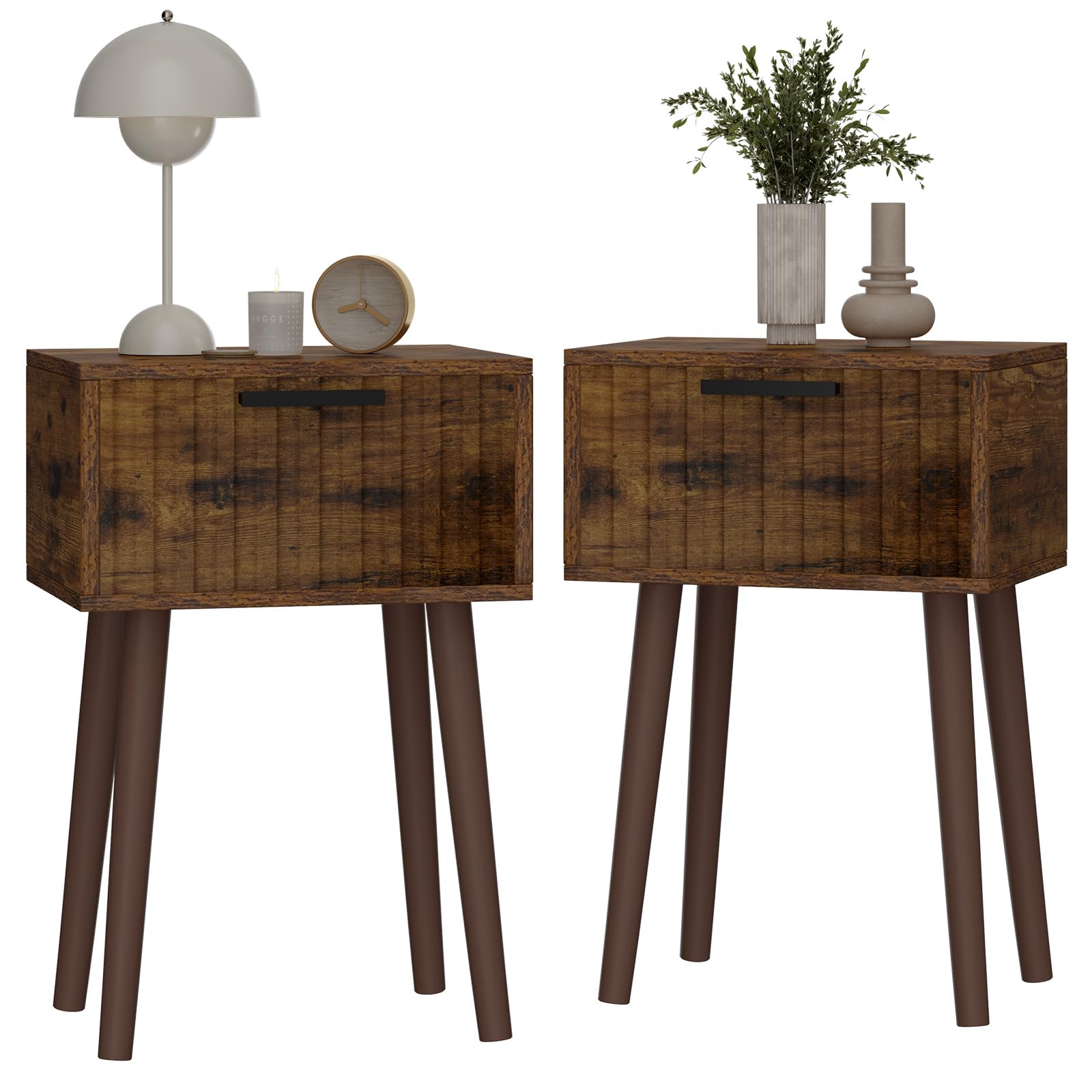 YMYNY Nachttafel 2-delige Set, Bijzettafel, Nachttafel met Opslagruimte, Laden met Geribbeld Front, Gouden Greep, Massief Houten Poten, Modern, voor Slaapkamer, Woonkamer, Zwart HST013B-2