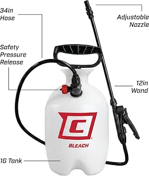 Chapin 1-Gallon Bleach Pump Sprayer, Resistant Seals for Cleaning | Chemical-resistant tank and seals; for mold treatment, sanitizing, fungicides and cleaners with filtration and 34in hose