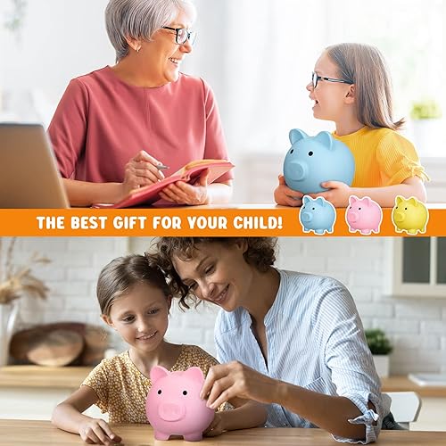 Miniatura 6 de 9 alcancías grandes de plástico para niños, 6 x 4.8 x 5.4 pulgadas, bonita alcancía para niñas, niños, cumpleaños, Navidad, baby shower, azul, rosa,