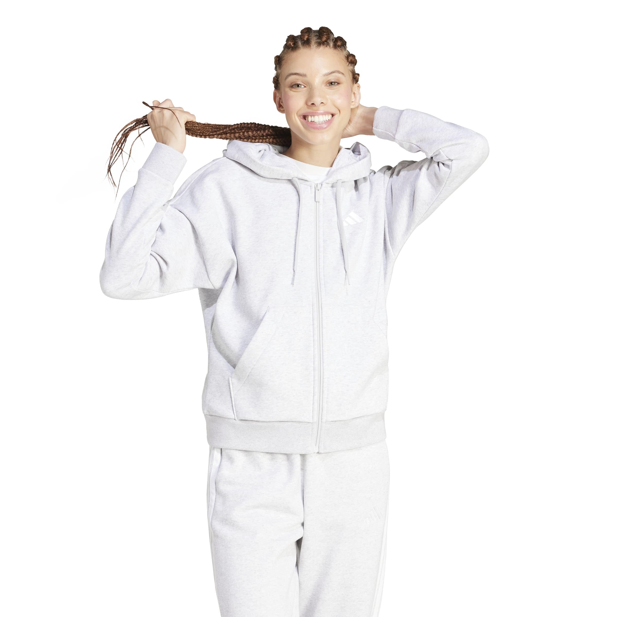 adidas Women's Essentials 3-Stripes Fleece Full-Zip Hoodie, Light Grey Heather/White, S