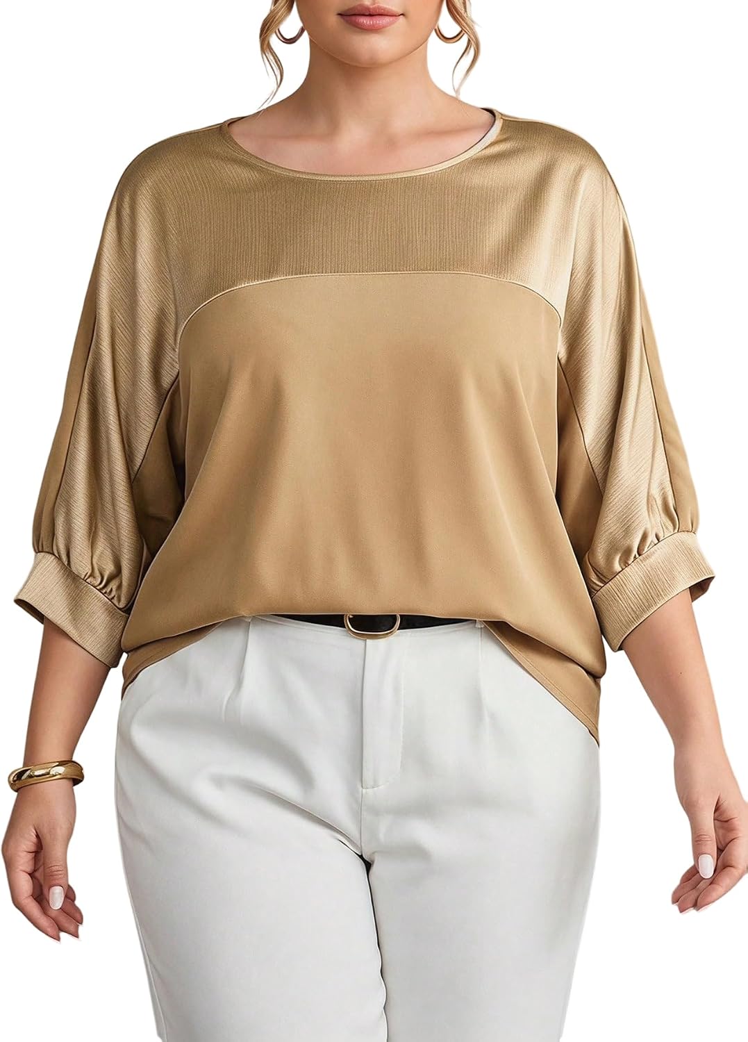 GORGLITTER Women's Plus Size Going Out Tops Casual Work Metallic Short Sleeve Crew Neck Tunic T Shirts Blouses Tops