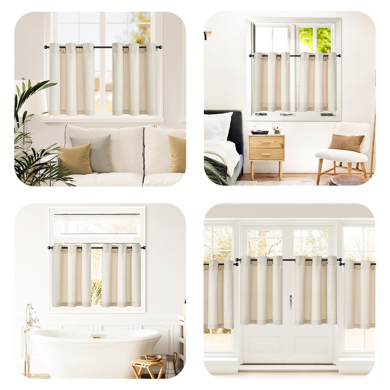 Vangao Vitrage, moderne keuken, lichtgrijs, bistrogordijn, 70 x 90 cm (b x h), set van 2 met stangdoorgang, gordijnen, kort, semi-transparant, linnenlook, keukengordijnen, camper, caravan