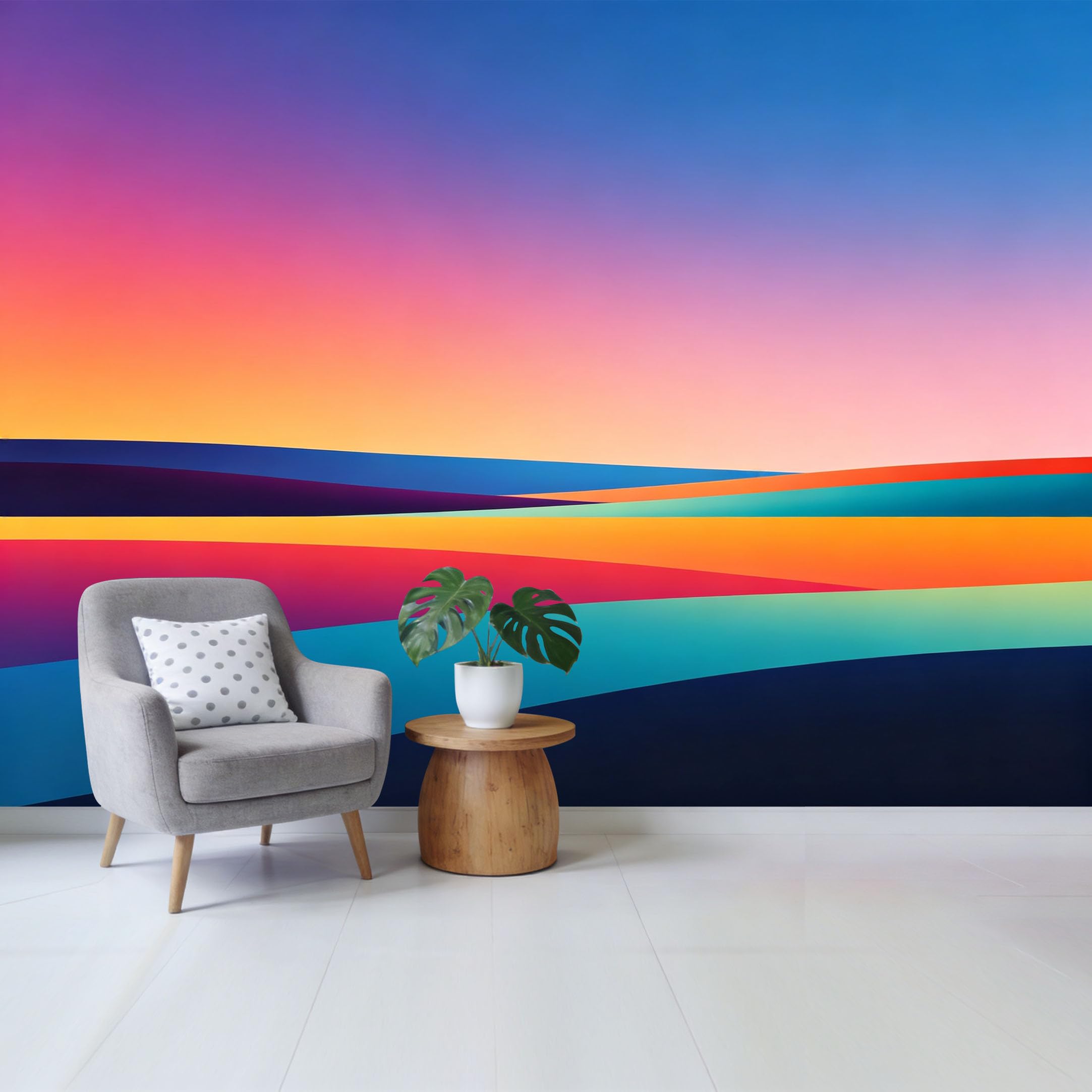 Custom Size Wall Mural Vibrant Sunset Landscape Abstract Geometric Layers SelfAdhesive Wall Fabric Removable Wallpaper for Home Office Decor