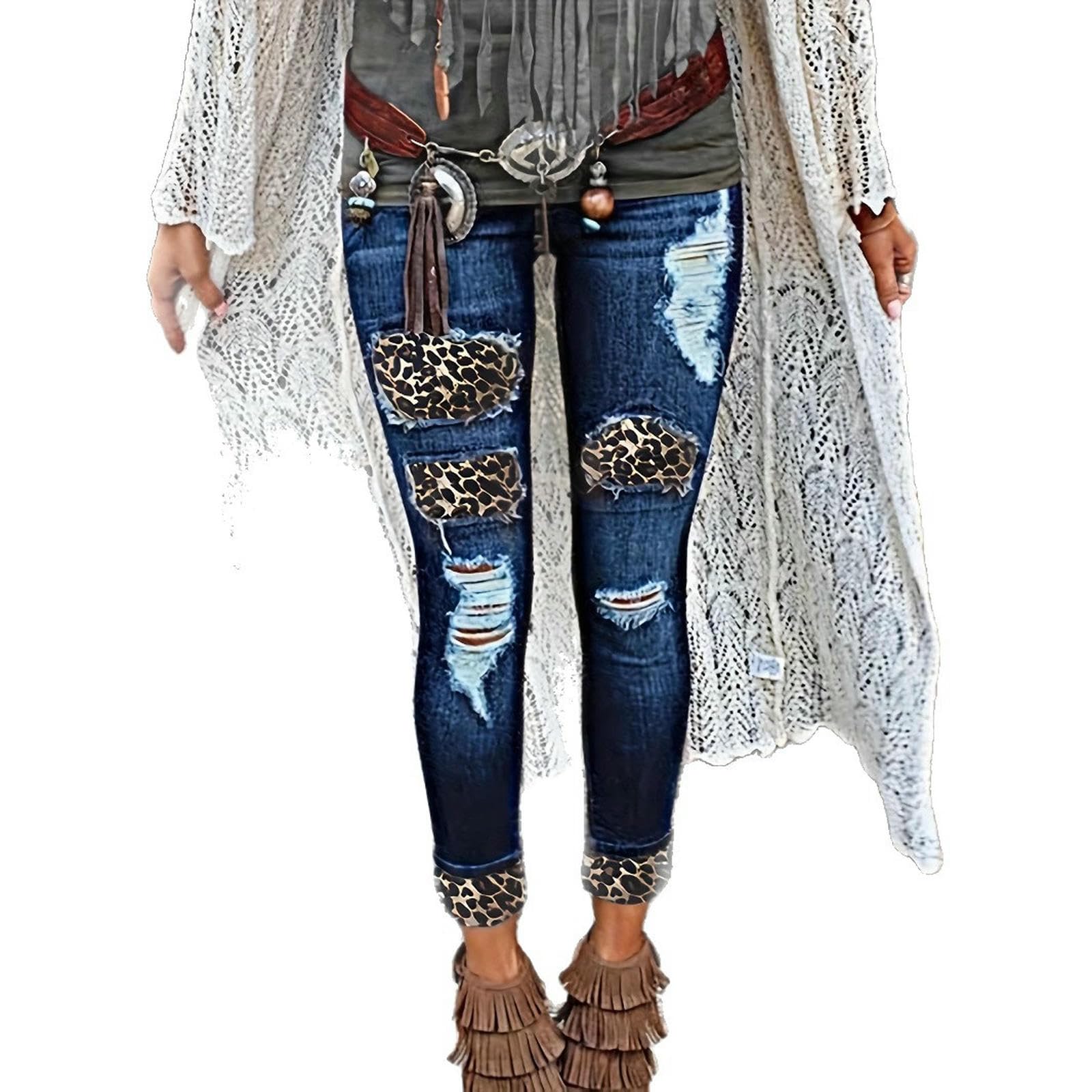 Jeans da Donna Strappati Donna, Skinny Vintage, Pantaloni A Gamba Dritta Taglie Forti, Pantaloni-Blu-l