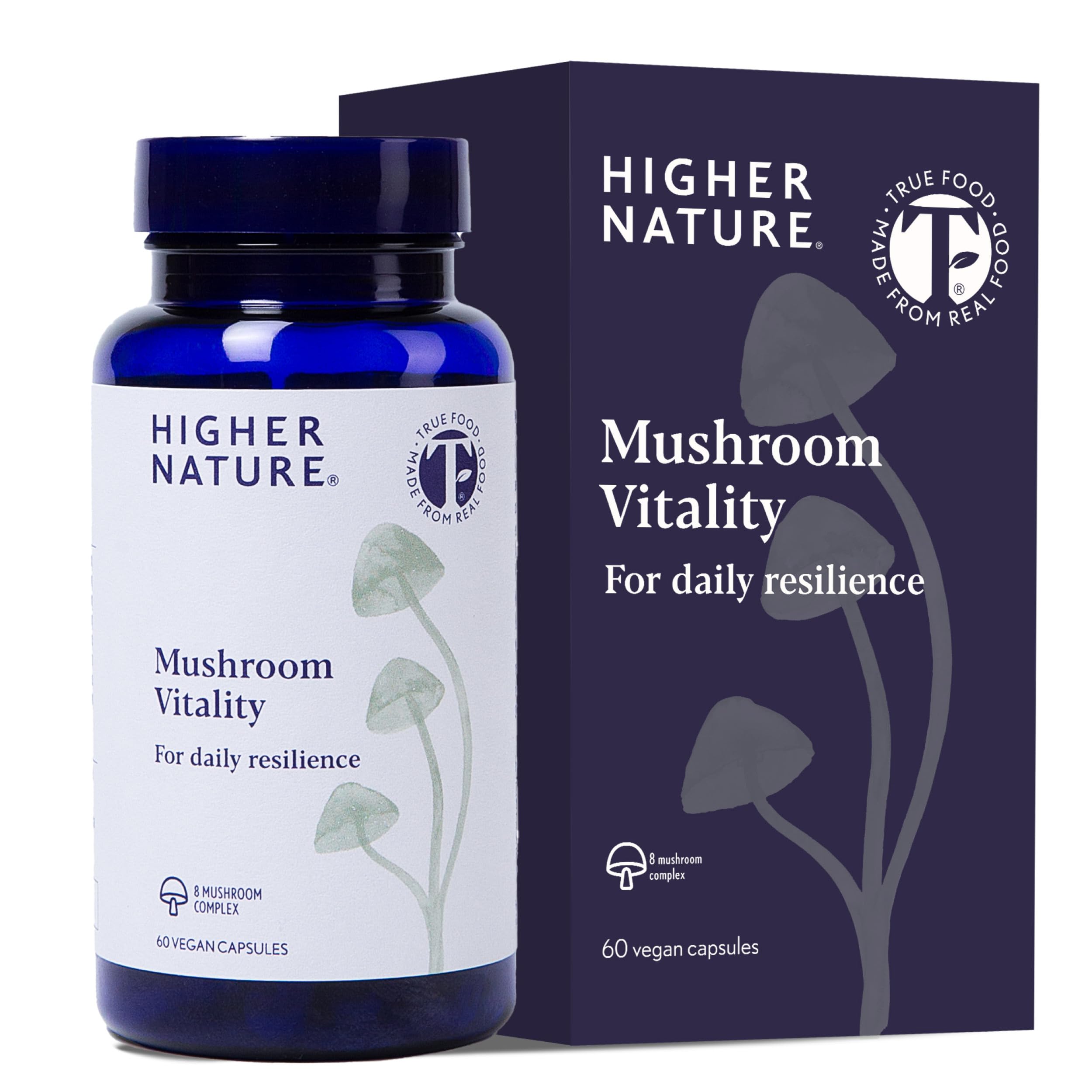 Higher Nature - Mushroom Vitality - Mushroom Complex for Daily Resilience - 8 Extracts Including Lion's Mane, Reishi, Shiitake - True Food® Formula - Immunity, Energy & Vitality - 60 Capsules